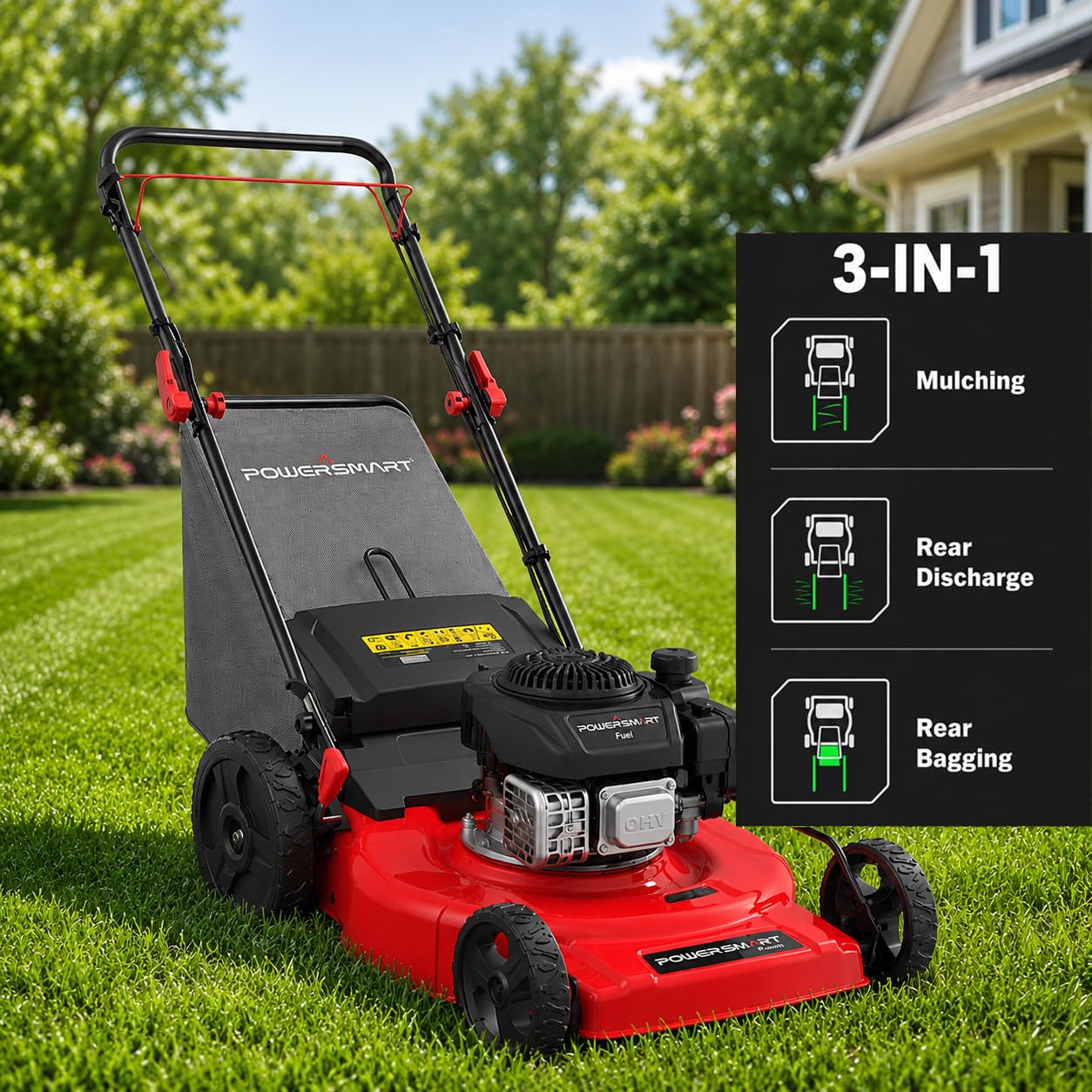 PowerSmart 21" Gas Self-Propelled Lawn Mower for Hills & Medium Yards | 170cc OHV | 3-in-1 Mulching/Bagging/Discharge | 6-Position Height | Alloy Steel Deck | Easy Start | Rear-Wheel Drive