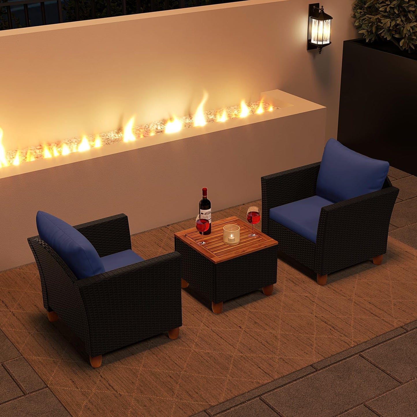Tangkula 3 Pieces Patio Porch Furniture Set, PE Rattan Wicker Chair Conversation Set with Cushions and Storage Table, Outdoor Acacia Wood Bistro Set for Garden, Poolside