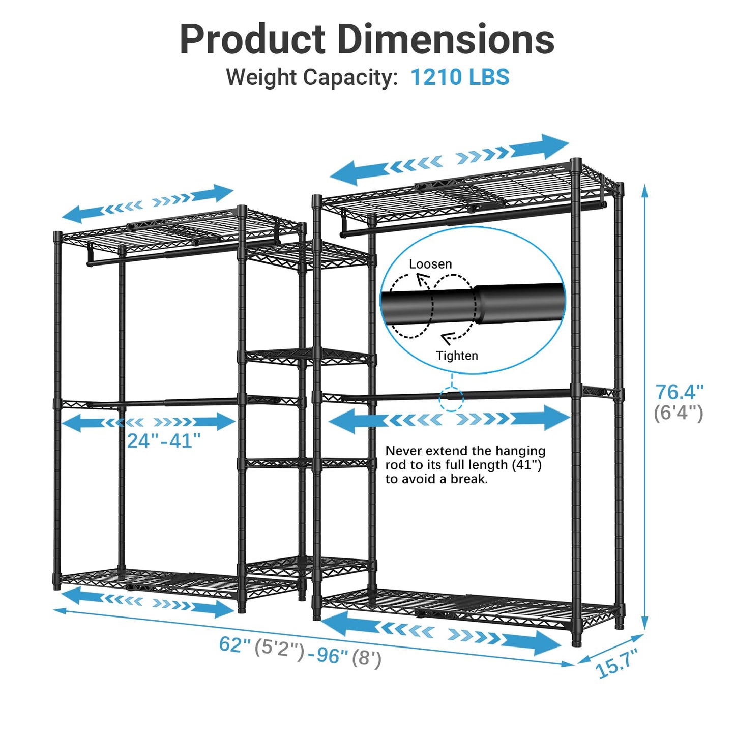 VIPEK X3 Expandable Heavy Duty Clothes Rack Adjustable from 5'2" to 8' with Adjustable Shelves and Hanger Rods, Large Freestanding Clothing Racks Reach-in & Walk-in Closet, Max Load 1210LBS, Black