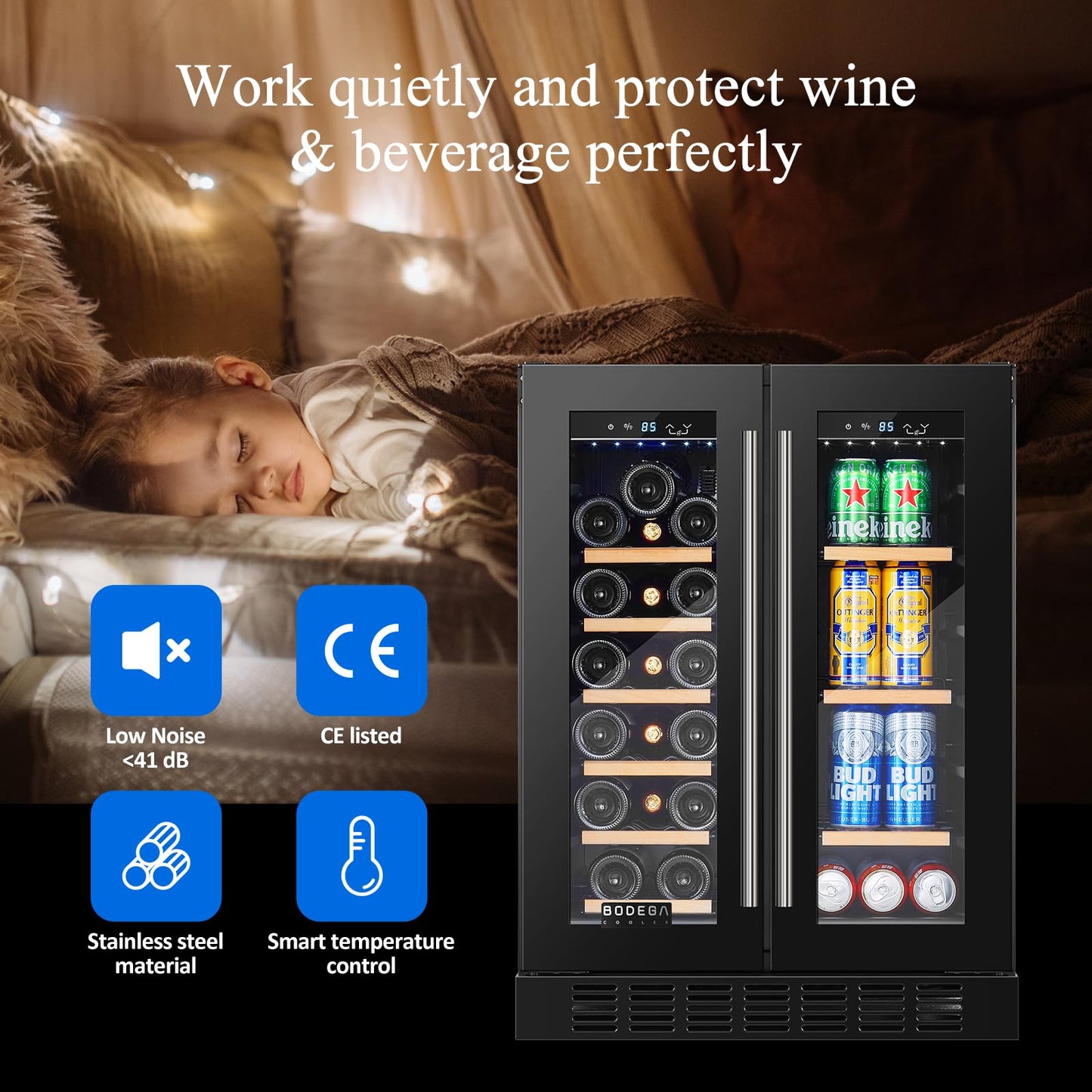 BODEGACOOLER Wine and Beverage Refrigerator, 24 Inch Dual Zone Beveage Fridge, Freestanding Wine Fridge, Under Counter Beverage Cooler With Glass Door with LED Light for Bar,Home Use,Club,Kitchen