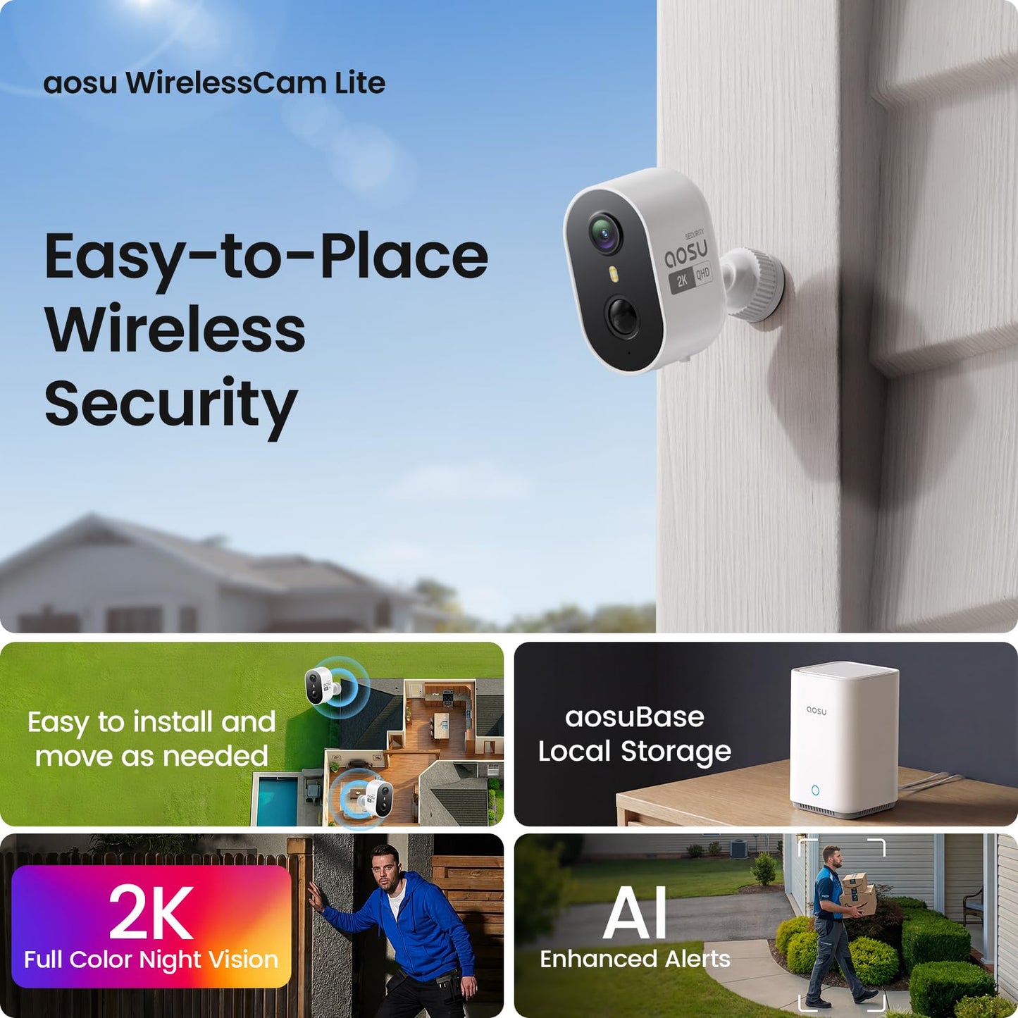 aosu Outdoor Security Cameras Wireless Home Surveillance System with aosuBase, Battery Powered, Cross-Camera Tracking, True 2K HD Color Night Vision, Spotlight, Motion Alert, Easy Setup, 6-Cam-Kit
