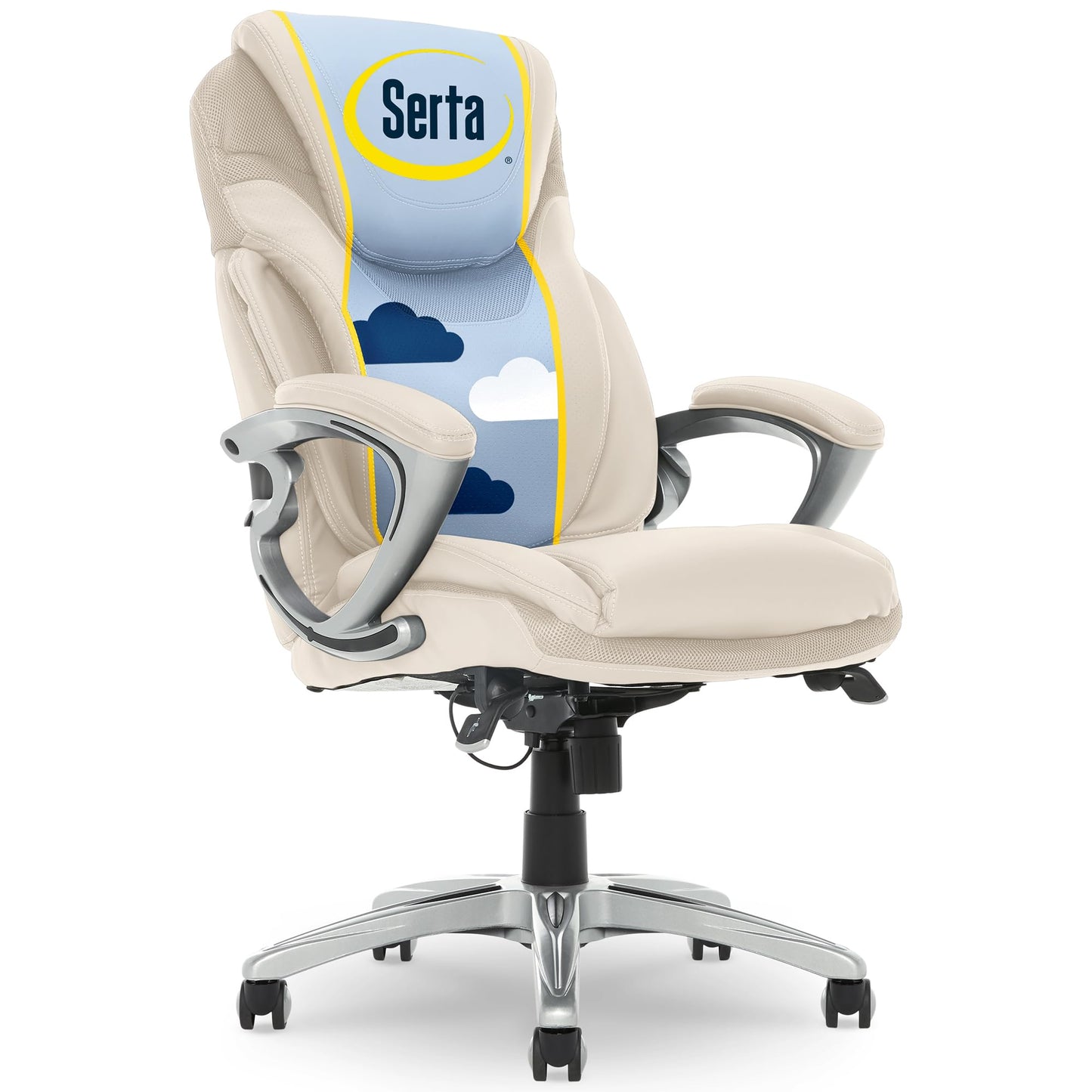 Serta Bryce Executive Office Chair - Ergonomic Computer DeskChair with Lumbar Technology - Adjustable Height - Memory Foam Body Pillows - 360° Swivel Rolling Base - Bonded Leather - Cream