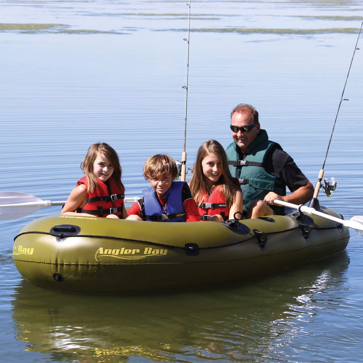 Angler Bay Inflatable 4 Person Boat, Lightweight and Portable for a Safe Adventure, Includes Rod Holders, Drink Holders, Drain Plugs, Battery Storage Bag, and Ditty Bag