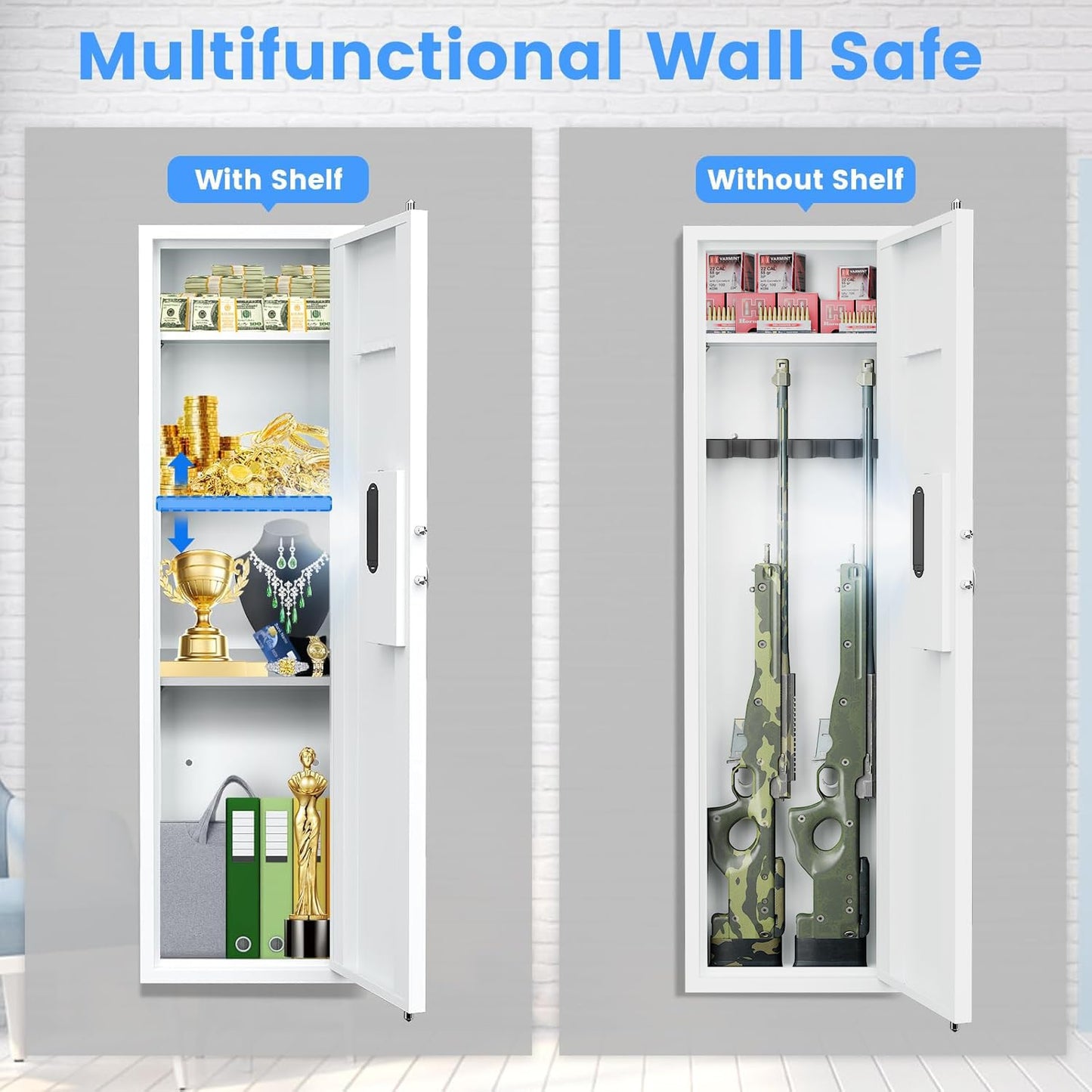 Silkight 53.15" Wall Gun Safe, Digital Wall Safe Between the Studs with Backlit Keypad, Dual Alarm ＆ Mute Mode, Hidden Wall Gun Cabinet for Rifles and Pistols with Adjustable Shelves, Magnetic Support