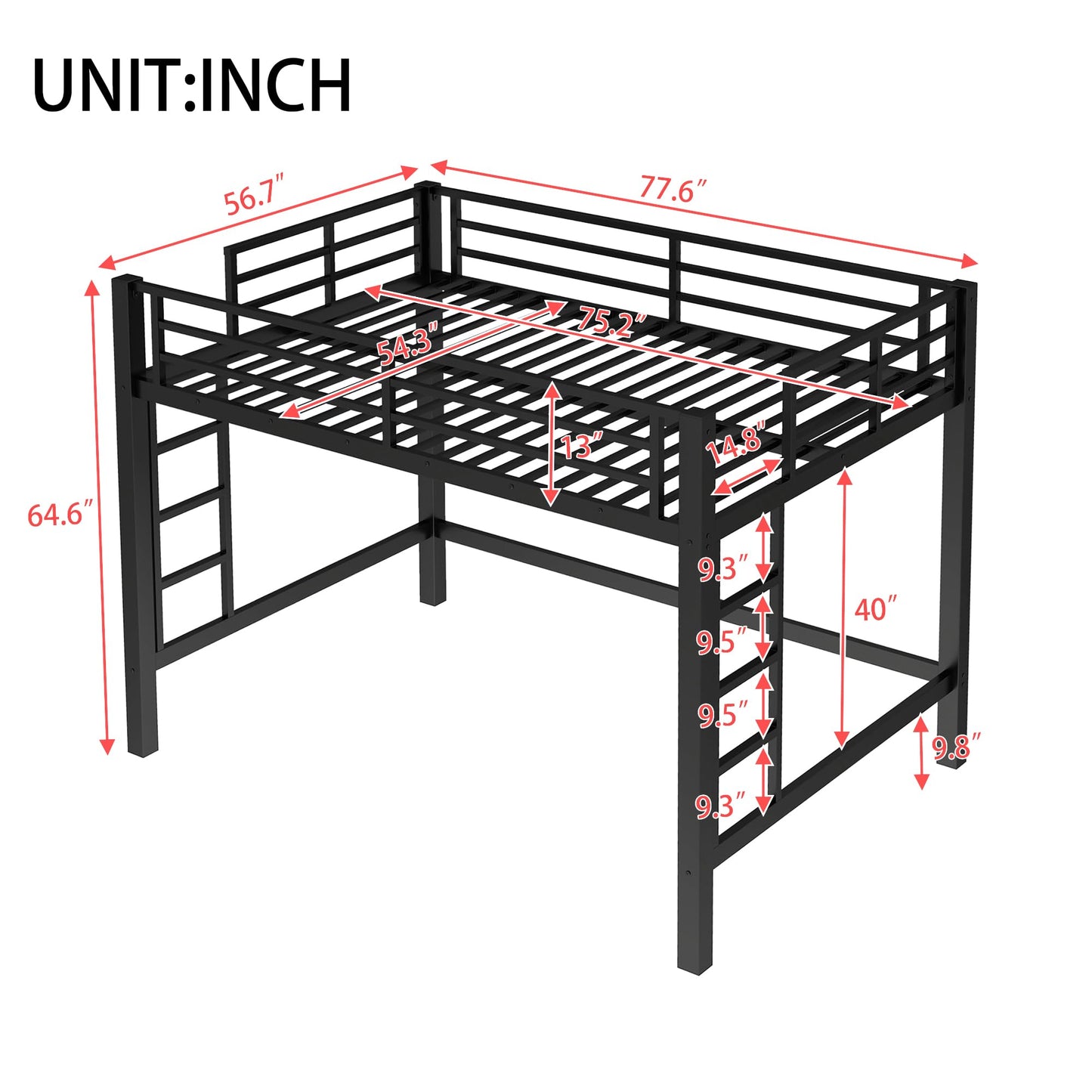 Bellemave Full Loft Bed with 2 Ladders and Guardrails, Metal Loft BedFrame for Adults, Kids, Teens, Black