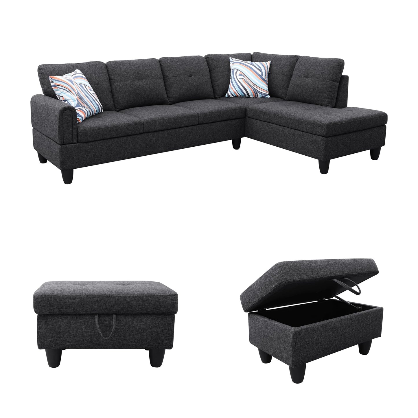 Topcomfy 97.5" L Shaped Couch Set, Modular Sectional Couches for Living Room with Storage Ottoman, 4 Seat Home Sofa Living Room Furniture Sets with Chaise for Apartment Office (Linen, Black Grey)
