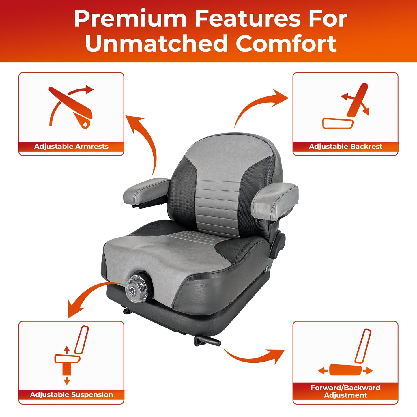 Keystone Seats Comfort Elite Suspension Seat – 1 YEAR WARRANTY – Adjustable Suspension, Backrest, & Cushioned Armrests – For Scag Ferris Hustler Gravely Bad Boy Kubota Toro Zero-Turn Mowers & Tractors
