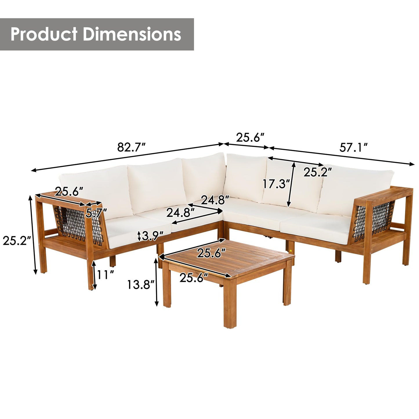 Merax 4 Pieces Patio Furniture Set, Outdoor L-Shaped Sectional Sofa Set with Coffee Table, Acacia Wood Conversation Seating & Thick Cushions and Side Table, for Backyard, Garden and Poolside, Beige