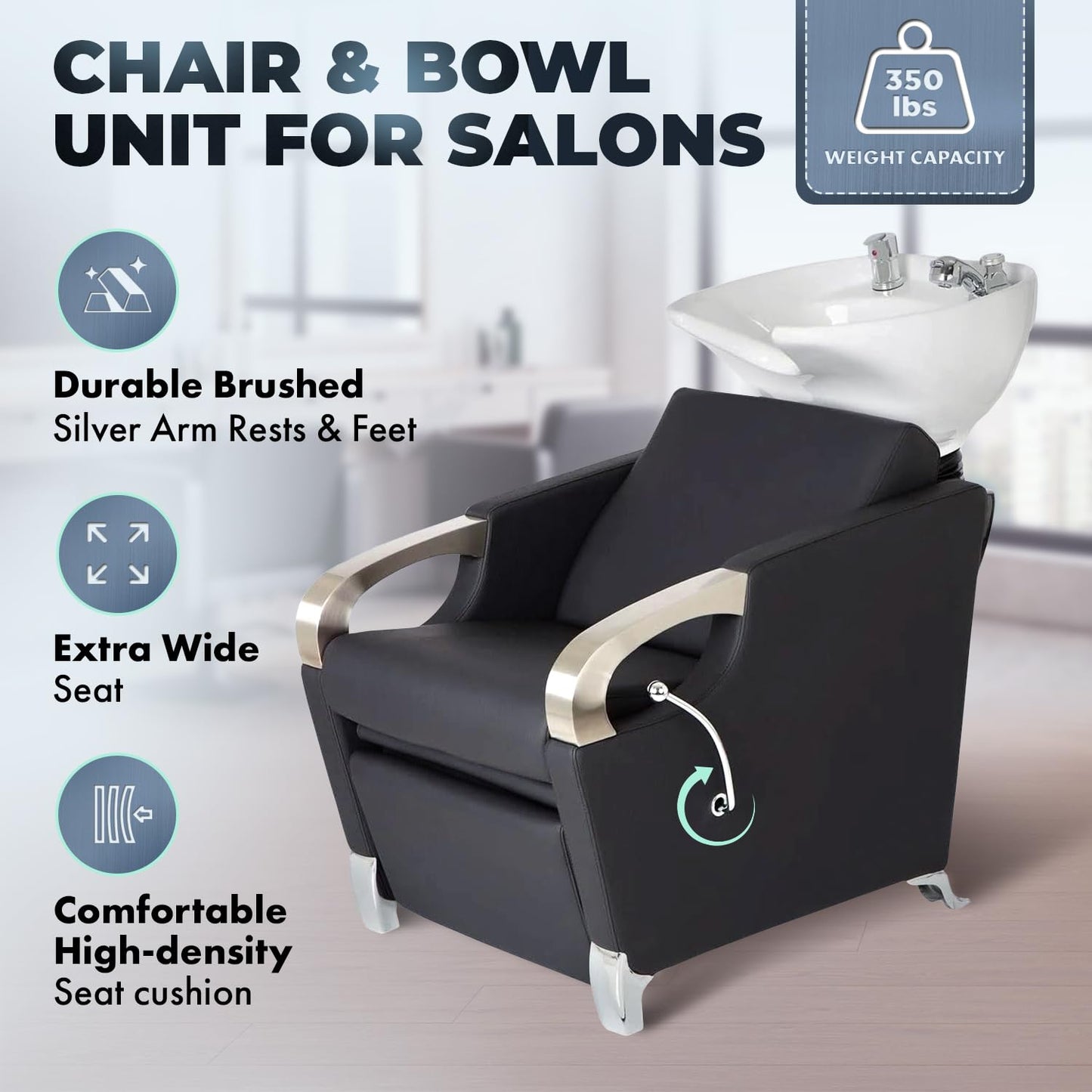 Buy-Rite Luna Shampoo Backwash Station: white porcelain tilting bowl, extra-wide black vinyl chair, chrome armrests, lever leg rest, single-handle faucet with vacuum breaker - professional salon gear.