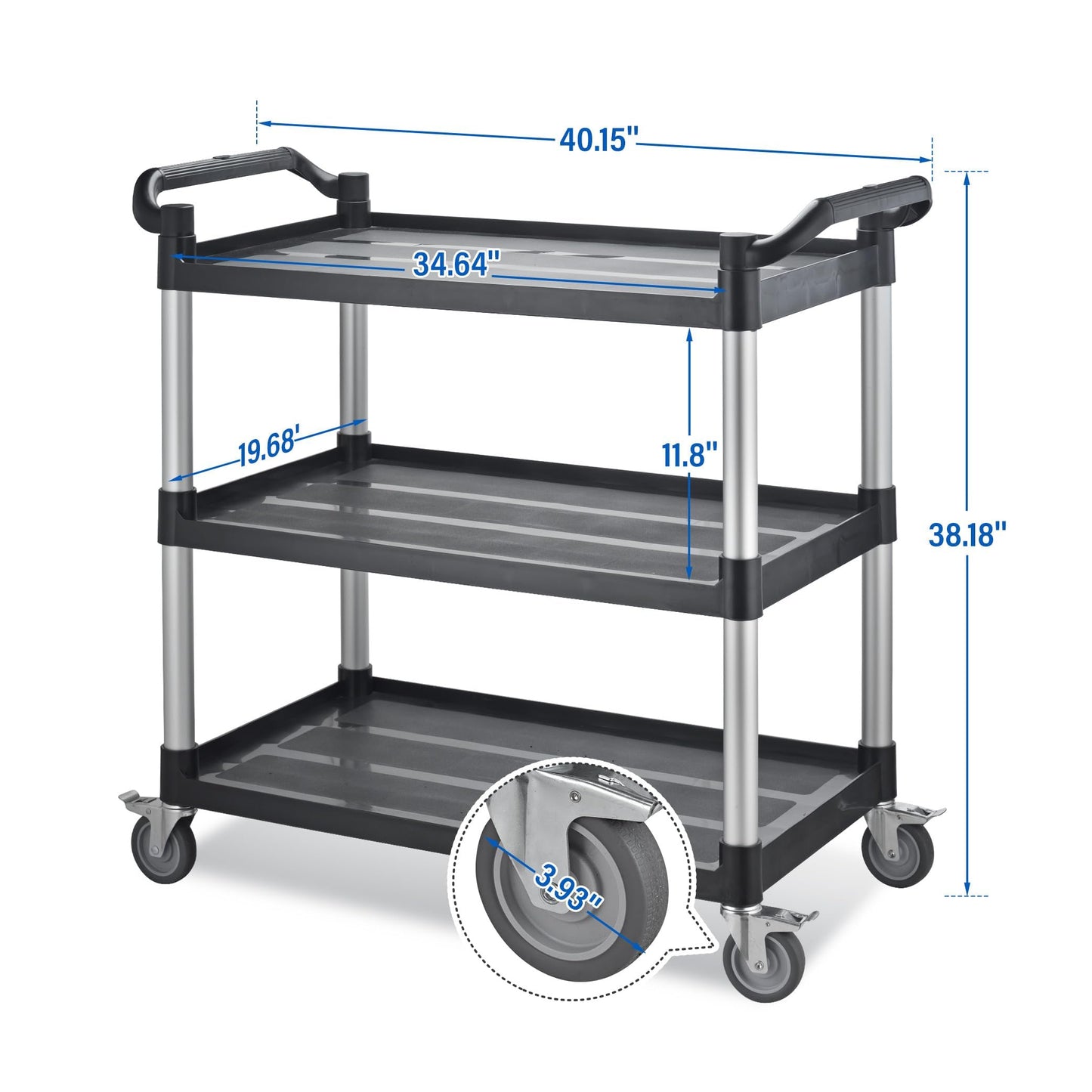 Imaboie Utility Rolling Carts with Wheels, Large Plastic Service Carts, Heavy Duty Restaurant Cart with 4 Brake Lockable Wheels for Kitchen/Office/Warehouse (3 Tier-40.1×19.7×38.1inches/540lbs)