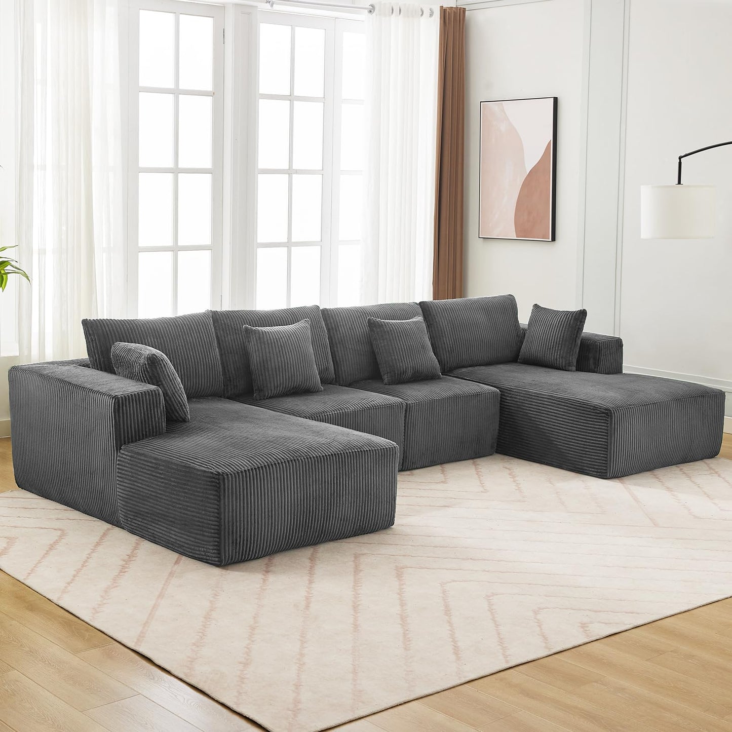 137" Modular Sectional Sofa, U-Shape Cloud Couch with Chaise, Deep Seat, Armrests and Plush Corduroy Fabric, No Assembly Required, Boneless Compression Sectional Couch for Living Room, Grey