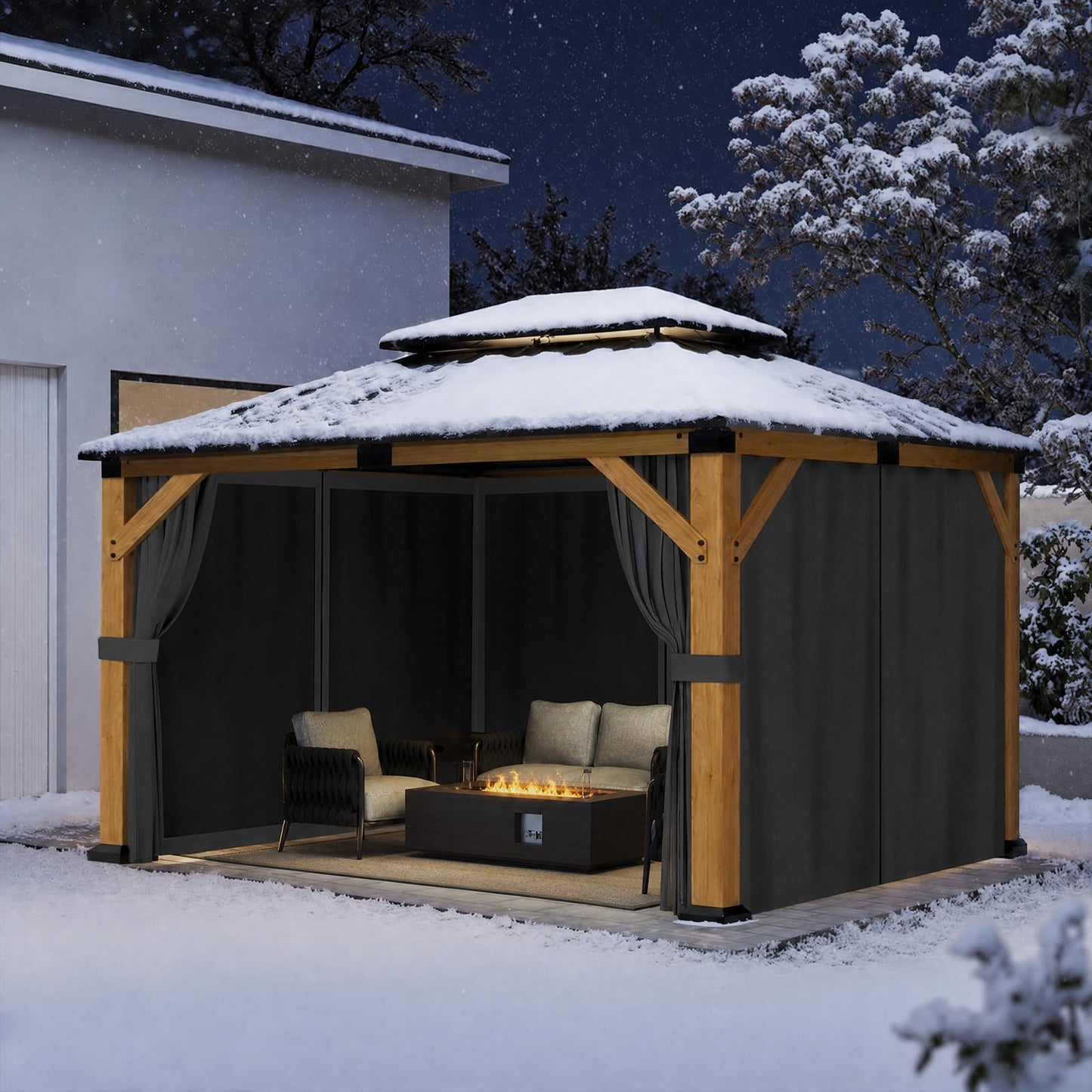 Jocoevol 10' X 12' Wood Gazebo Hardtop Outdoor Permanent Pavilion with Double Galvanized Steel Roof, Curtains and Netting, Snow Support, Wind Resistance, for Backyard Garden, Lawns, Patio
