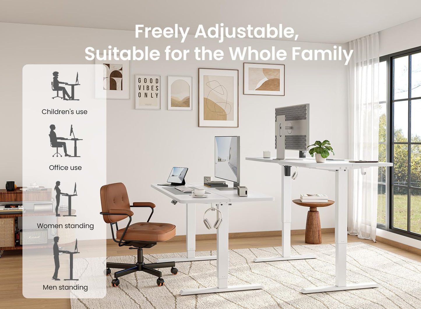 BANTI 63 × 28 Inches Standing Desk, Ergonomic, Electric Height Adjustable, Sit and Stand Up, Computer Desk with a Deeper Desktop, White Frame/Whitetop