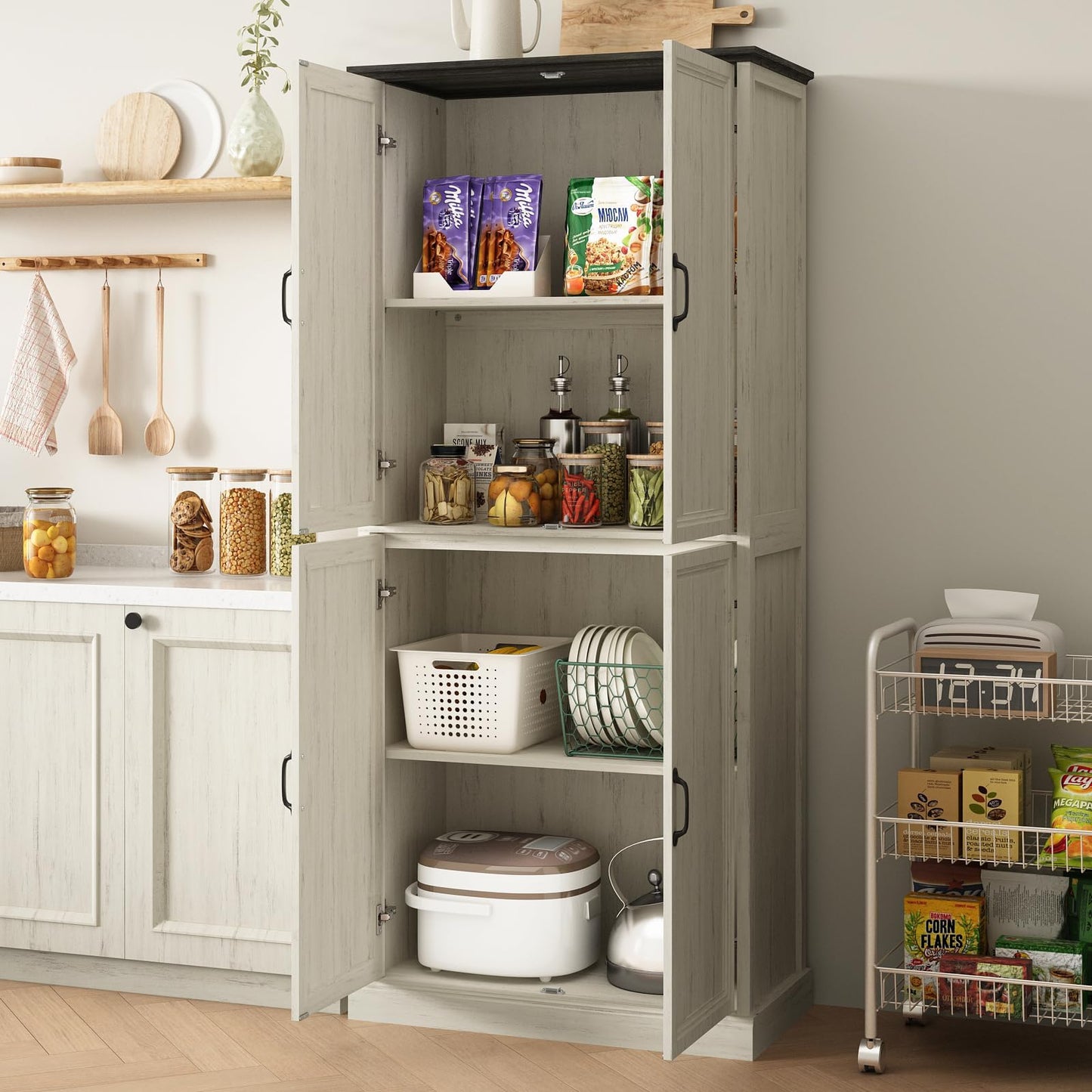 Tradare 71'' Tall Pantry Cabinet, Farmhouse Kitchen Pantry Storage Cabinet with Barn Door and Adjustable Shelves, Rustic White Wood Freestanding Cupboard for Kitchen, Dining Room