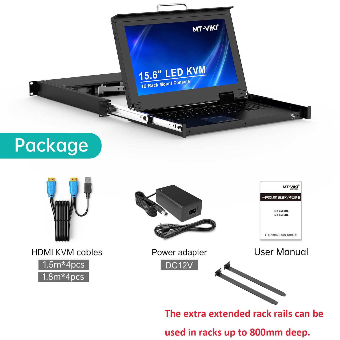 MT-VIKI Rack Mount KVM Console w/15.6" LCD Monitor, 8 Port HDMI KVM Switch, 1920x1080@60Hz 1U Integrated Monitor Keyboard, Fits 18.9" to 31.5" Deep Racks (480-800mm), Included 8 Cables