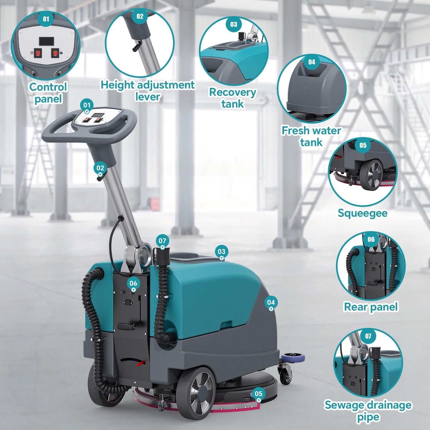 C5 16" Walk-Behind Commercial Floor Scrubber Machine, 500W Motor