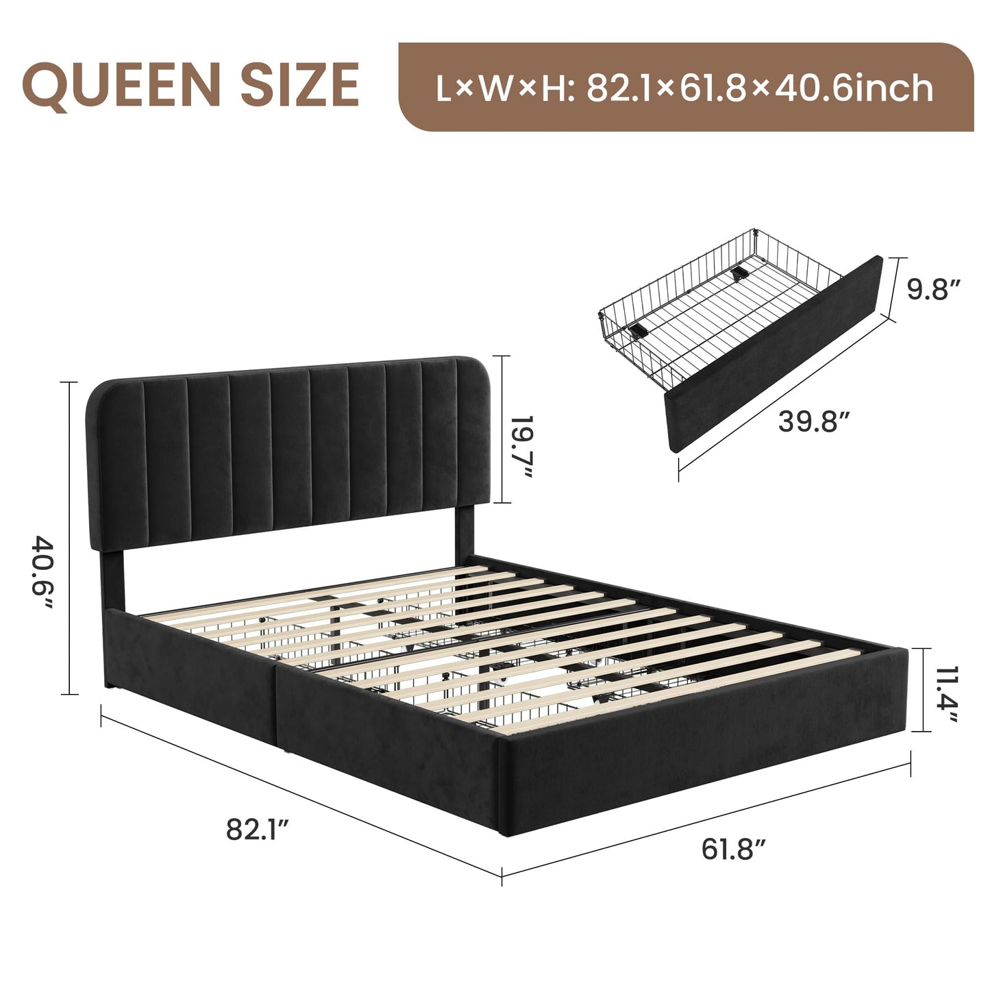 Garvee Queen Size Bed Frame with 4 Drawers, Upholstered Velvet Platform Bed with Height Adjustable Headboard, Wooden Slats Support, No Box Spring Needed, Easy Assembly, Black