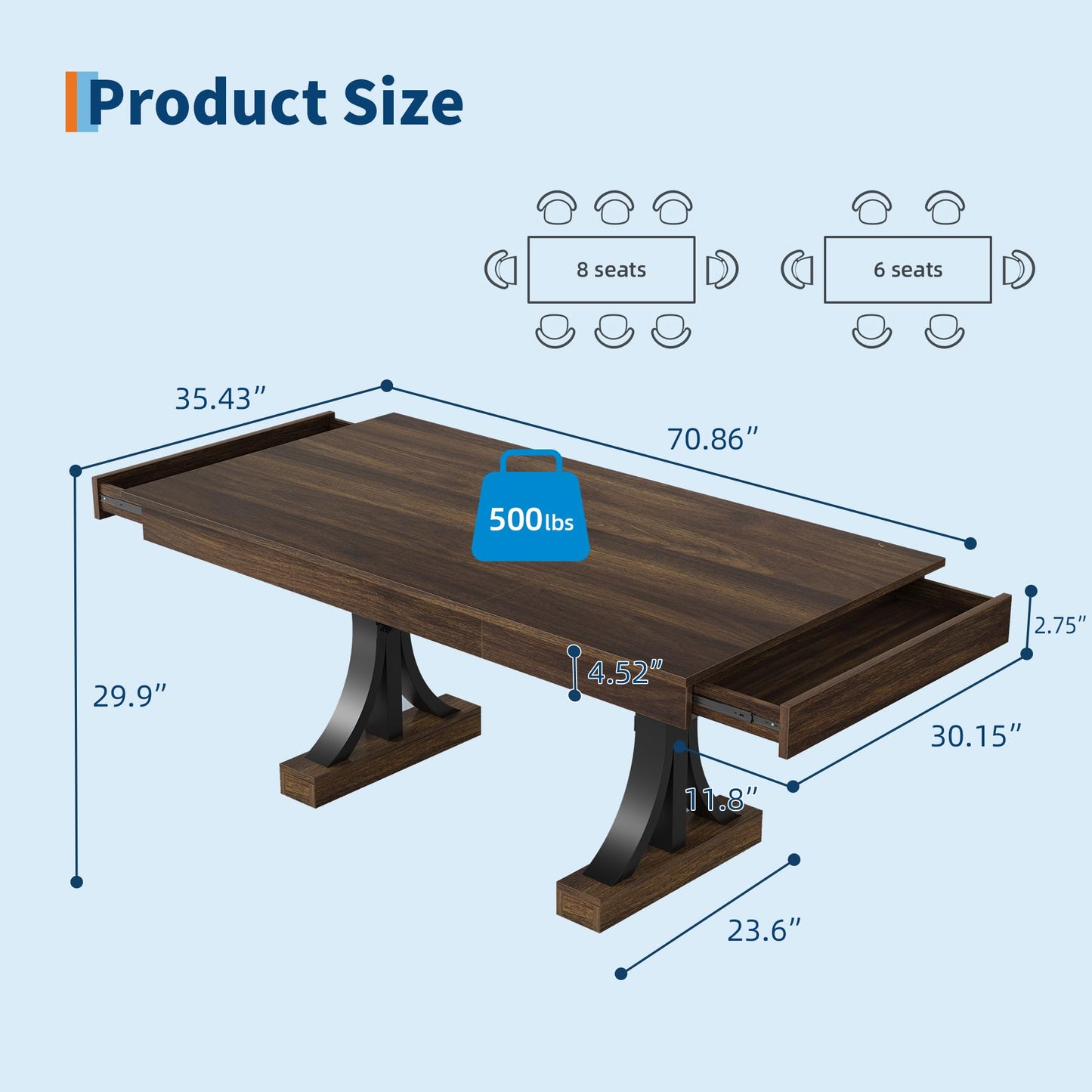 GarveeHome 71-Inch Rectangular Dining Table with Two Drawers, Wooden Kitchen Table w/Large Tabletop & Sturdy Frame, Large Dining Table for 6-8 with Double Pedestal, for Dining Room, Office