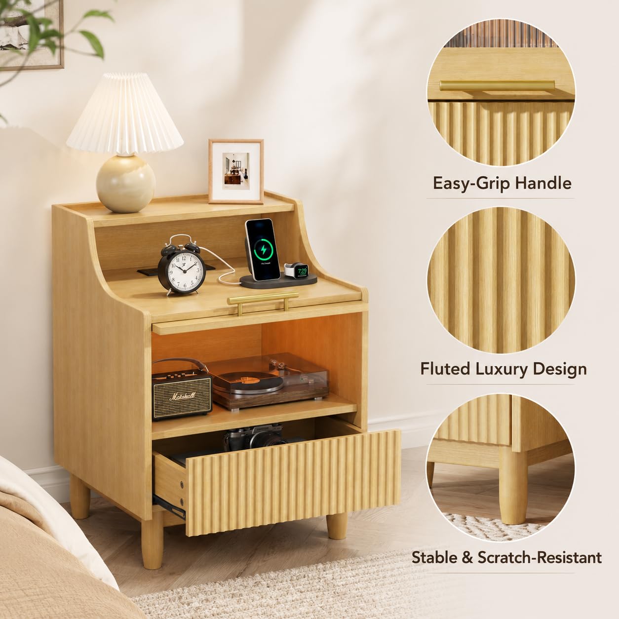 Einhomn Nightstand Set of 2 with Charging Station & LED Light, Fluted Beside Table with Drawer & Transparent Storage, Side Table for Living Room, Narrow Bedside Table for Bedroom Small Space, Natural