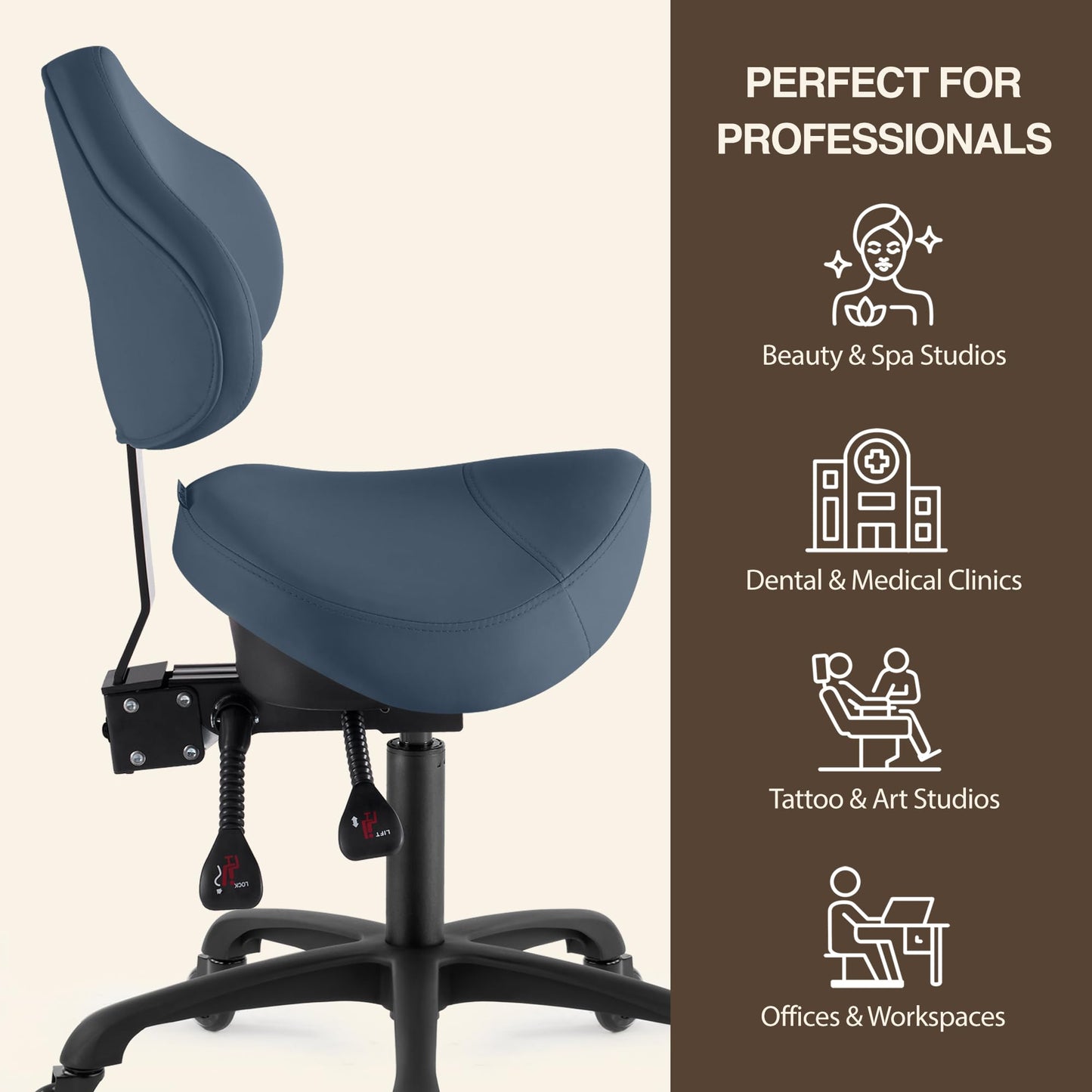 DR.LOMILOMI Pneumatic Swivel Rolling Saddle Chair with Wheels and Ergonomic Back Support for Hair Stylist, Dental Hygienist, Hygienic Clinic, Spa, Massage, Home, Office - 510 KOA