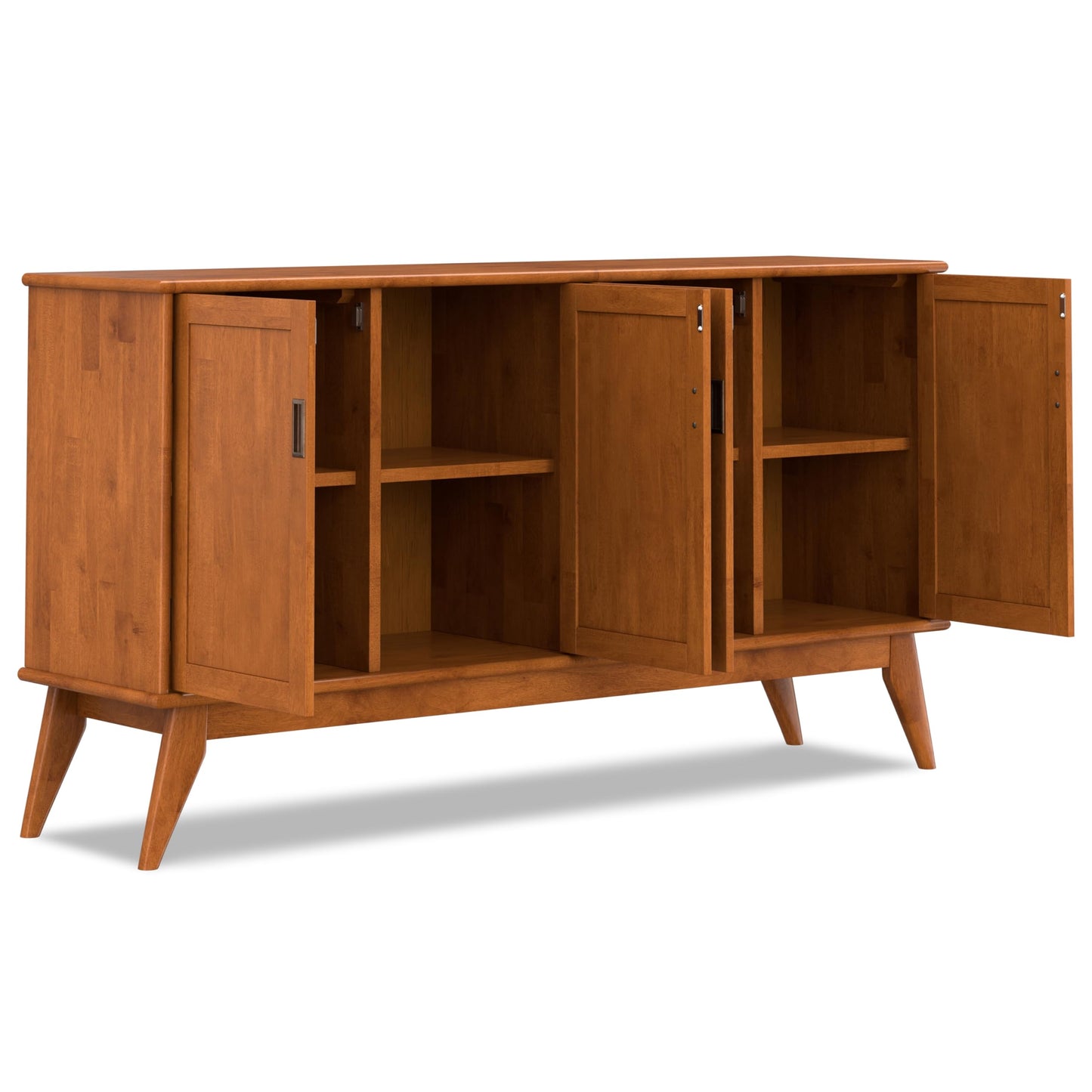 SIMPLIHOME Draper Buffet - 66 inch Wide Solid Hardwood 4-Door Sideboard Buffet in Teak Brown, Mid-Century Modern Cabinet for Dining Room or Kitchen with Adjustable Shelves and Tapered Legs