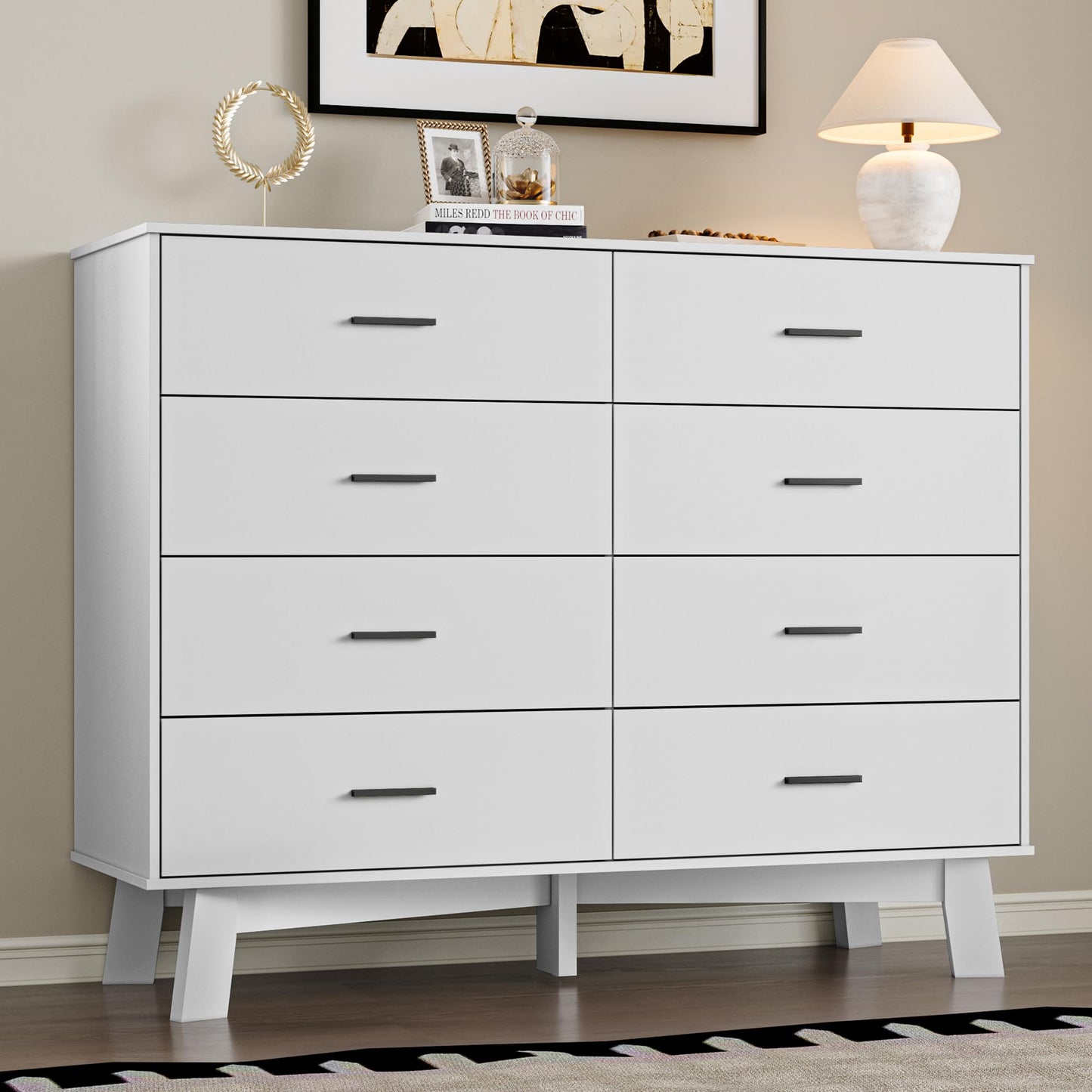BORNOON Dresser for Bedroom with 8-Drawer, 37" Tall Modern Chest of Drawers with Metal Handles, X-Shape Base & Adjustable Center Leg, Anti-Tip Closet Organizers and Storage