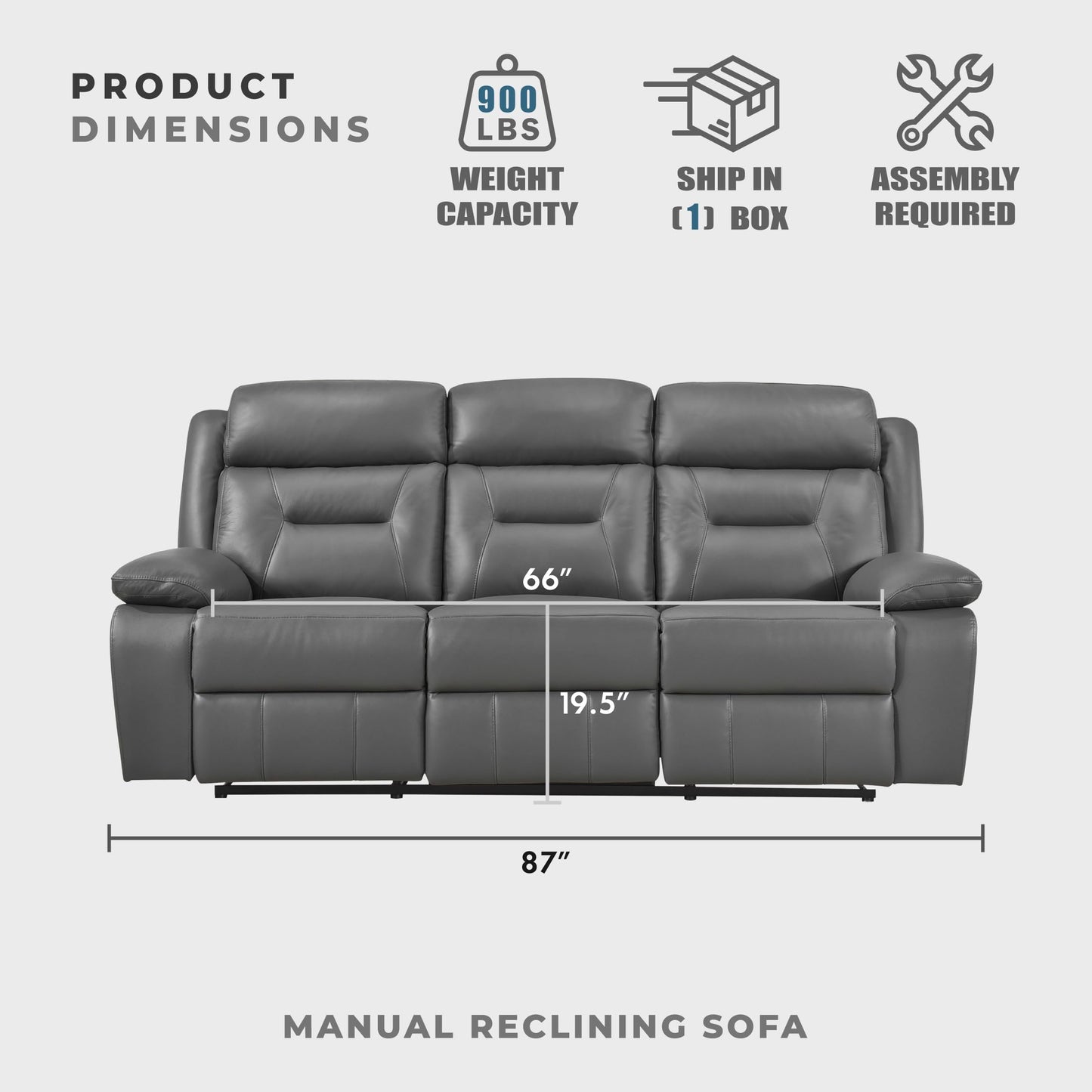 Lexicon Reclining Sofa for Living Room, Double Recliner RV Couch, Manual Wall Hugger Recliner, Home Theater Seating Leather Match Reclining Sofa with Pillow Top Armrests, 87''W Couch, Dark Grey