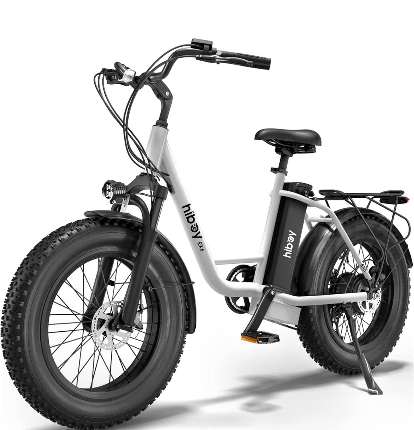 Hiboy EX6 Electric Bike for Adult, 500W High-Torque Motor, 25 MPH, 48V 14.5Ah Removable Battery, 20" x4.0 Fat Tires, Shimano 7-Speed, Front Suspension, Step-Through Frame, Crisp White