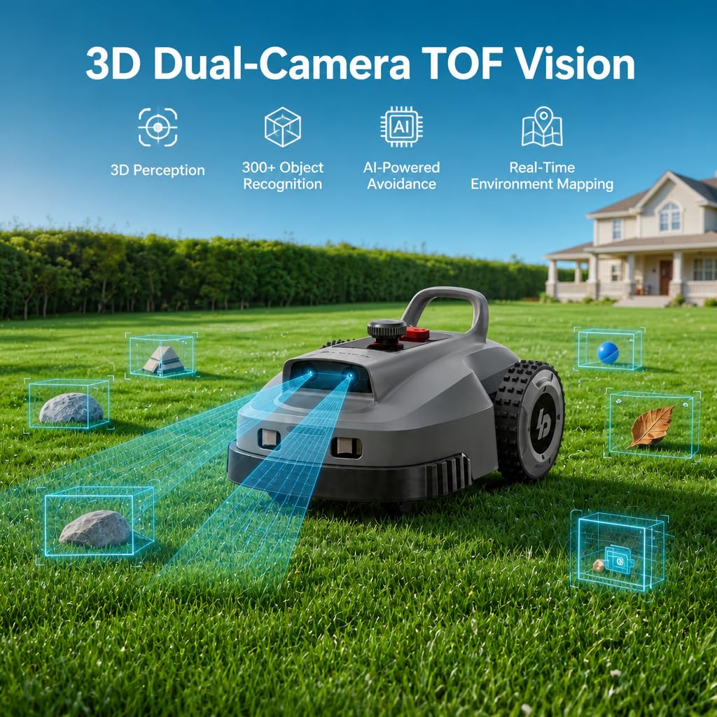 Robot Lawn Mower, Wire-Free Robotic Mower for 0.99 Acres, No Perimeter Wire, Auto-Mapping, RTK + AI 3D Vision Navigation, 300+ Object Avoidance, 57% Slope, IP66 Automatic Grass Cutter