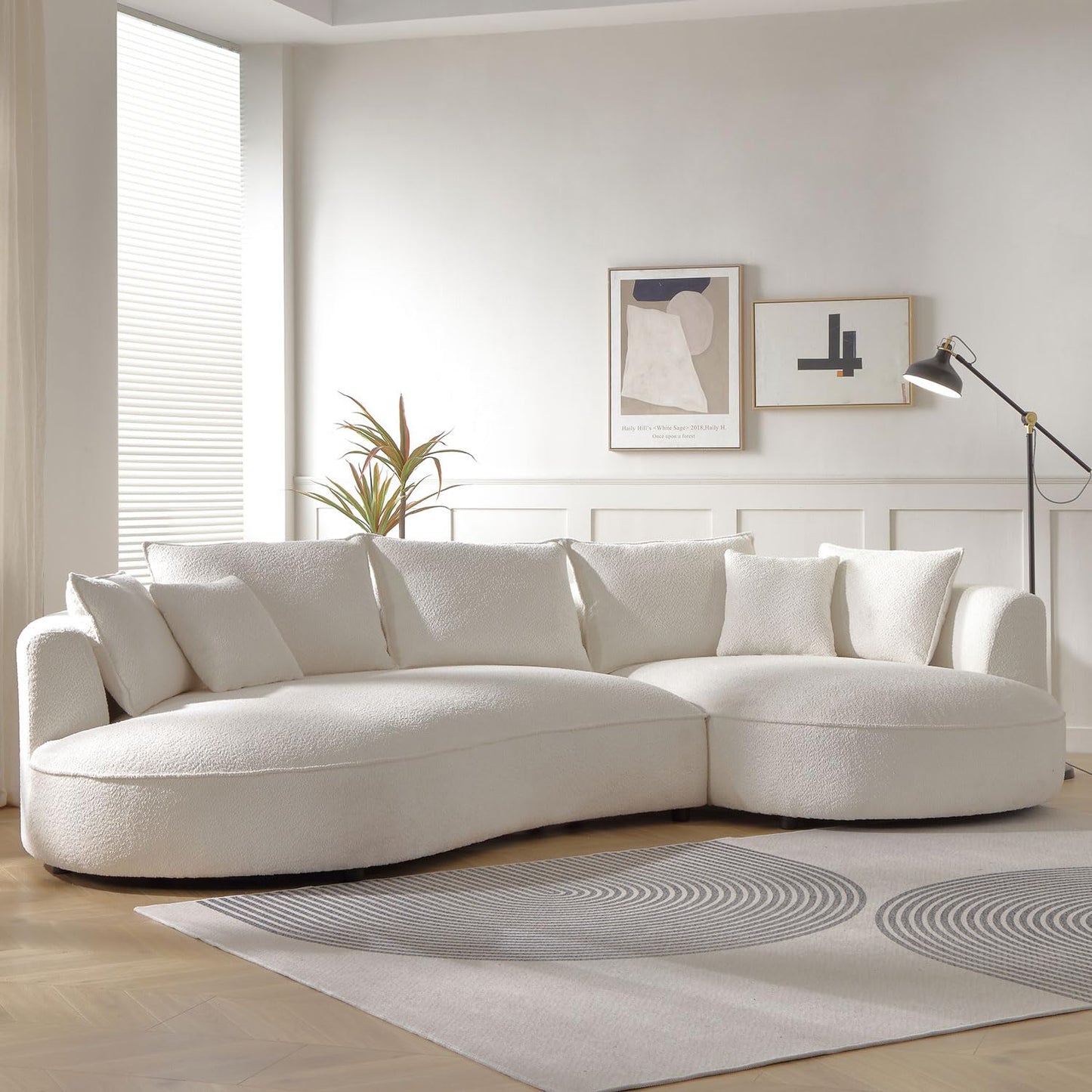 KEIKI 129" Luxury Curved Boucle Sectional Sofa with Right Chaise, Upholstered Modern Style Oversized 5-Seater Couch with Thickened Seat Cushions, Easy Assembly, for Apartment, Living Room, White