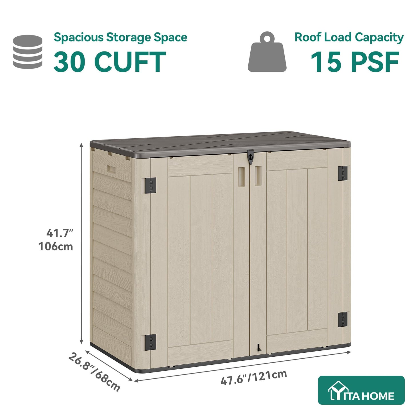 YITAHOME 30 cuft Outdoor Storage Shed w/o Shelf, Horizontal Storage Cabinet for Garden Tool, Waterproof Storage Shed Plastic for Garage, Resin Pool Storage, Easy to Assemble, Khaki & Brown