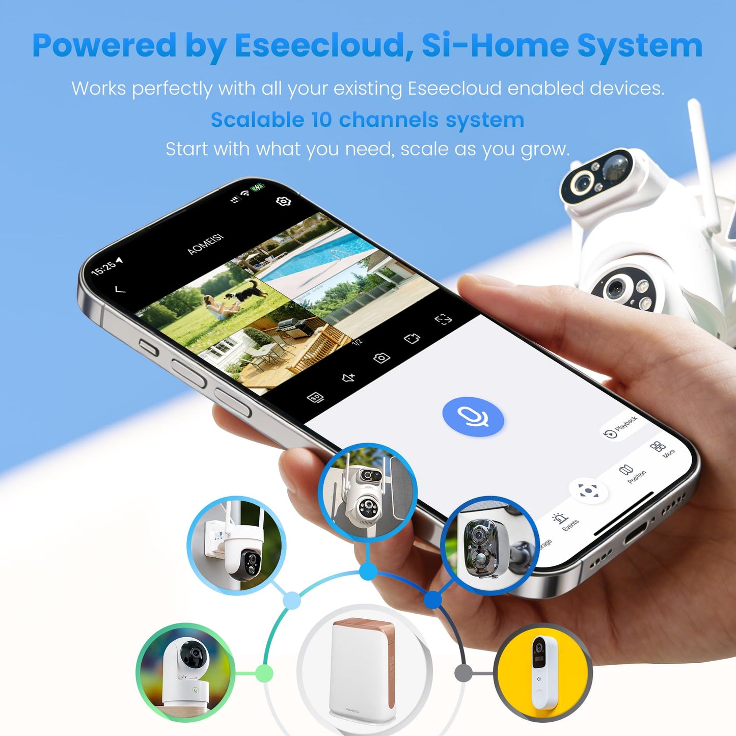 Eseecloud 4-Cam Kit, Dual Lens Solar Security Camera Wireless Outdoor System,10CH NVR with 500GB HDD, Color Night Vision, 5GHz Wi-Fi, Two Way Audio, Easy to Setup, Strobe Siren, 180 Days Care Plan
