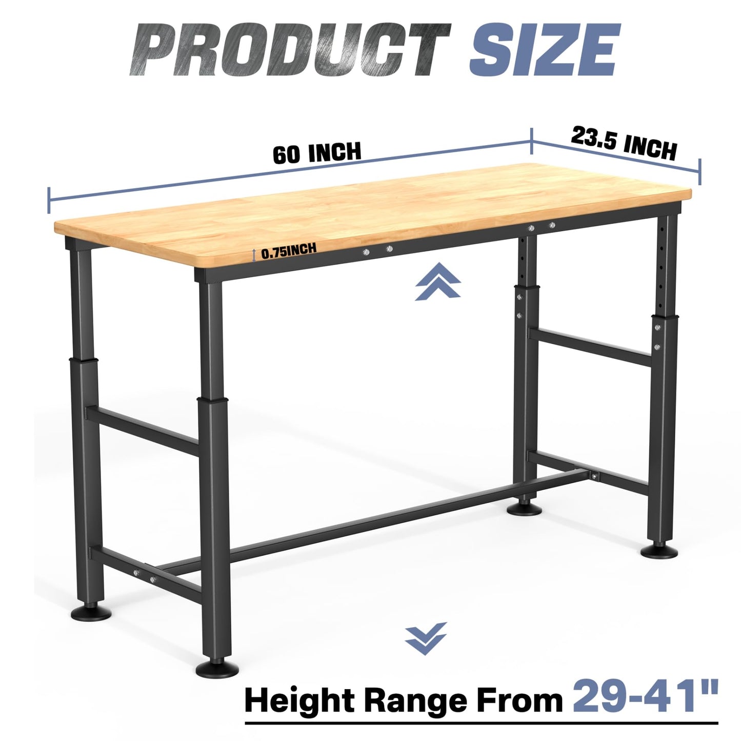 WALMANN Heavy Duty Adjustable Height Workbench 60" x 23.5", Rubber Wood Top Work Table for Garage, Workshop, 2000 lbs Load Capacity