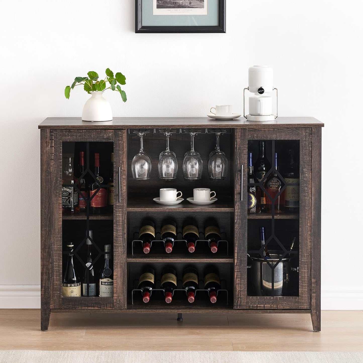CABIHOME 47" Wine Bar Cabinet with LED Light, Farmhouse Industrial Wine Cabinet, Coffee Station with 2 Adjustable Shelves & Storage, Dining Room, Living Room, Home Bar Furniture, Oak