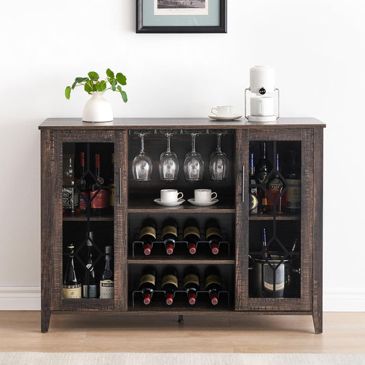 CABIHOME 47" Wine Bar Cabinet with LED Light, Farmhouse Industrial Wine Cabinet, Coffee Station with 2 Adjustable Shelves & Storage, Dining Room, Living Room, Home Bar Furniture, Oak