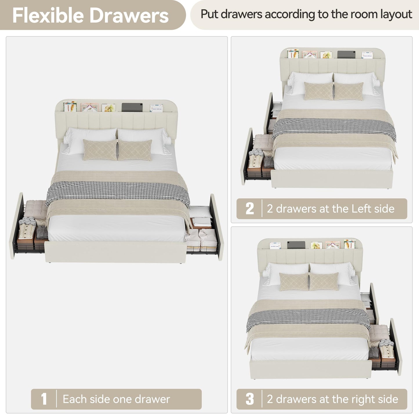 IDEALHOUSE Full Bed Frame with 2 Flexible Drawers and Bookcase Headboard, Boucle Upholstered Platform Bed for Boys/Girls, Noise-Free, Easy Assembly, No Box Spring Needed, Beige