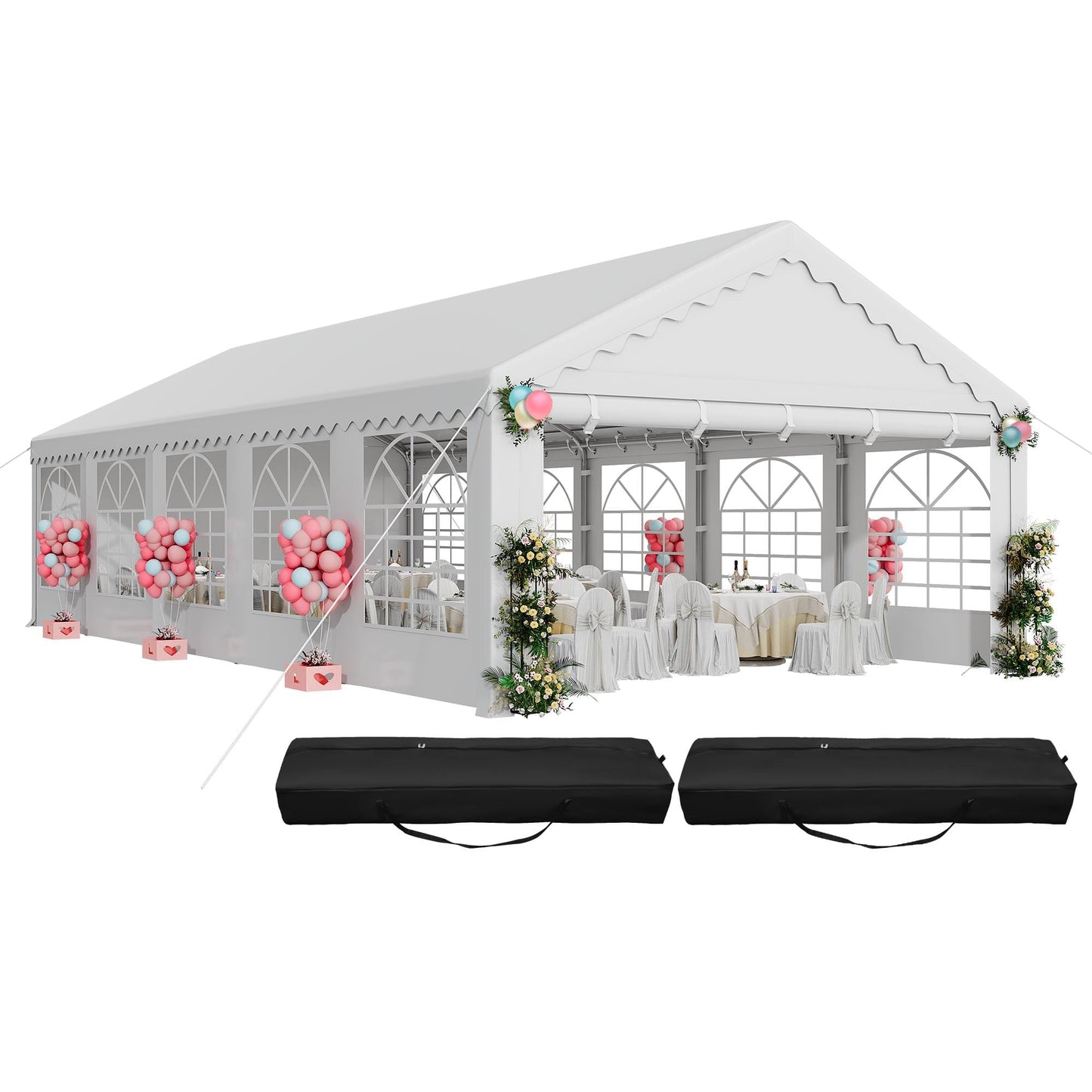 DWVO 16x32ft Party Tent Outdoor Heavy Duty Wedding Event Shelters Galvanized Canopy with Upgraded Large Roof, 2Storage Bags, Removable PVC Sidewalls, White