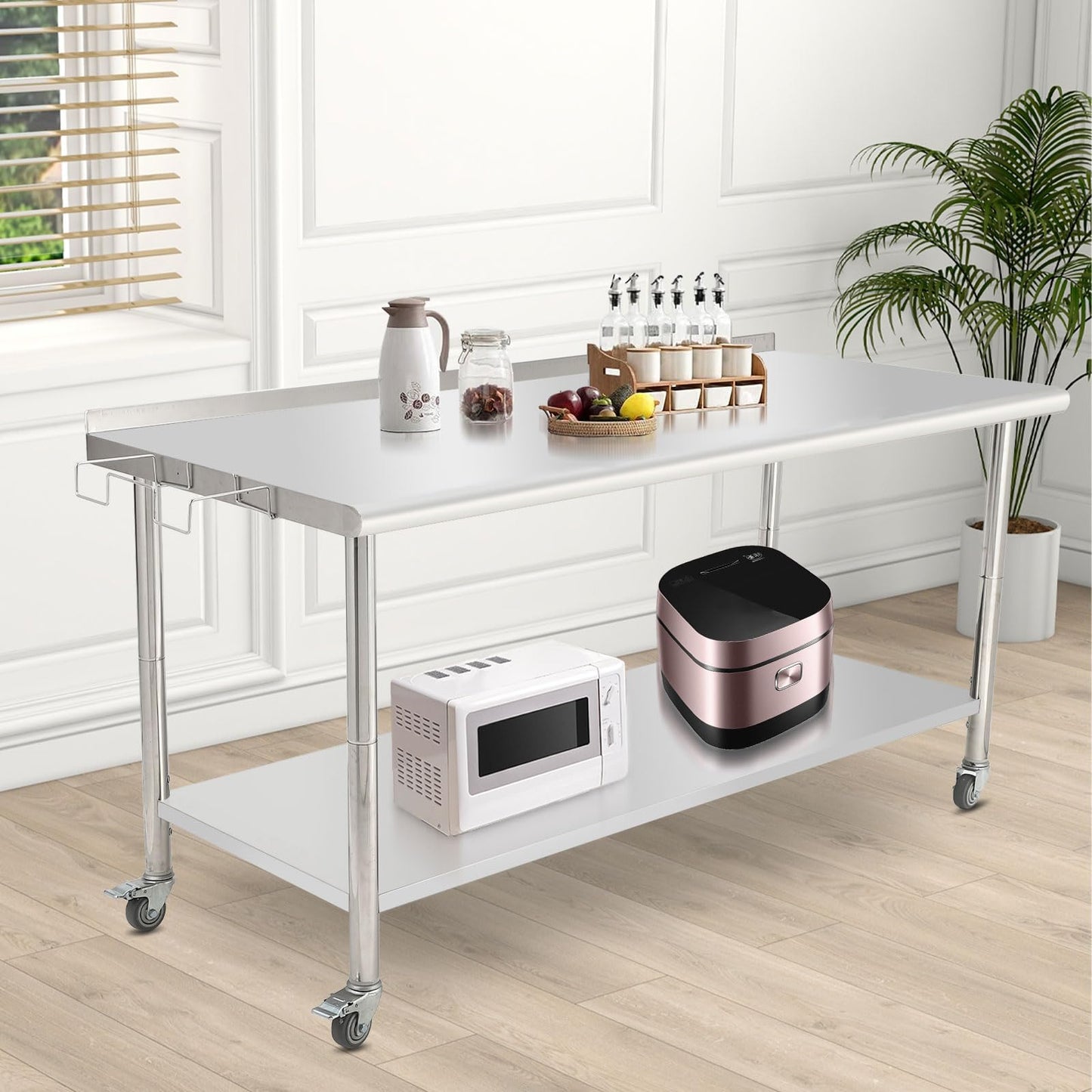 Stainless Steel Commercial Work Table, 72x30x35in - Wheels, Adjustable Undershelf, Backsplash, Removable Trash Rack - Heavy Duty Prep Station for Kitchen, Restaurant, Garage