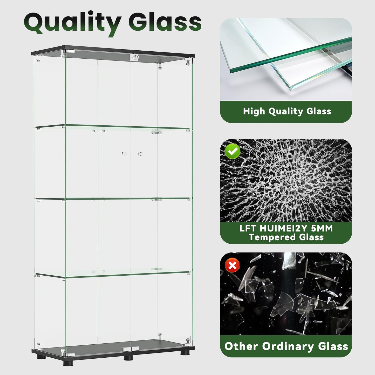 Ball & Cast Glass Display Cabinet with Double Door and Lock,4 Tier Curio Cabinet 5mm Tempered Glass Floor Standing Bookshelf for Living Room,Office,Easy Assembly,Black