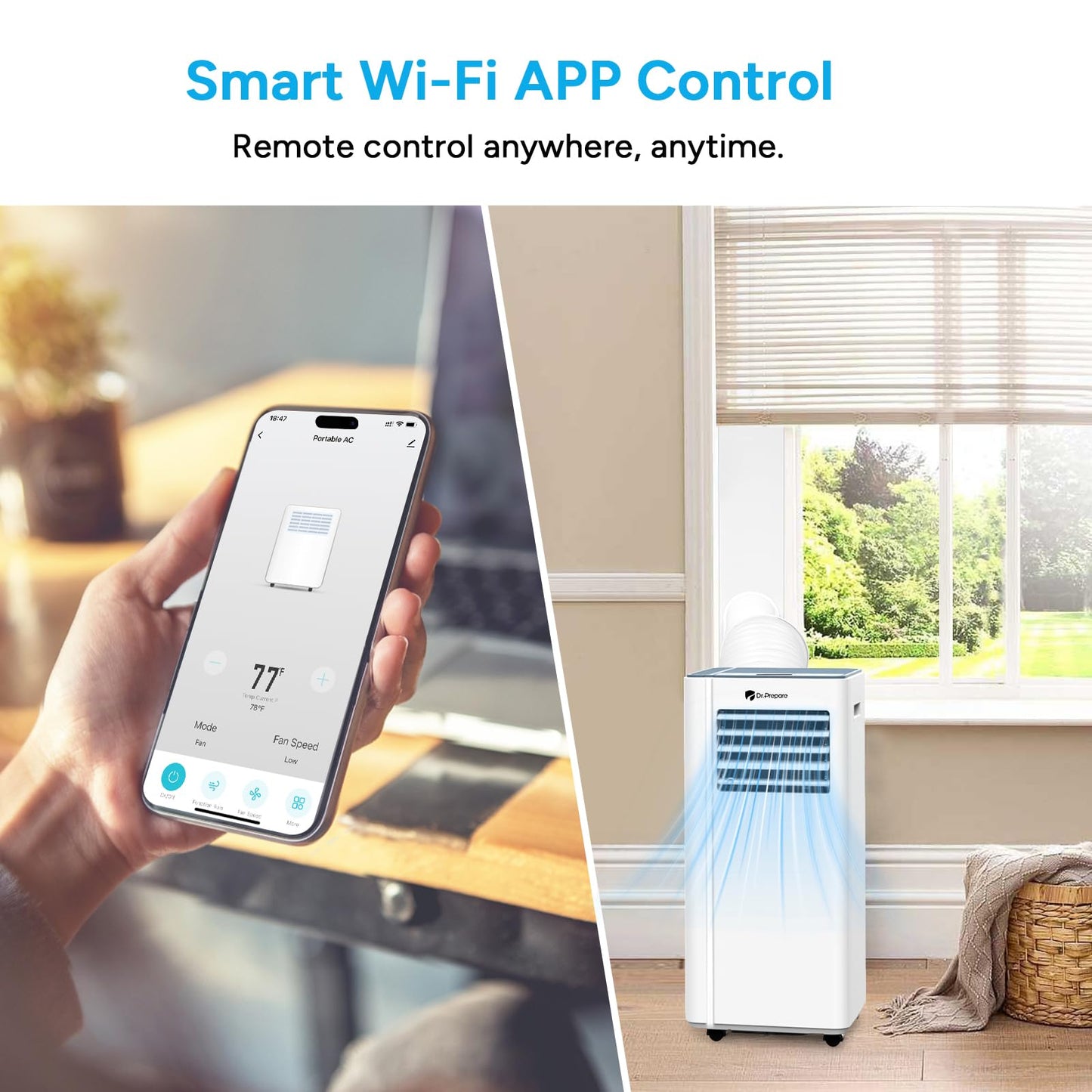 DR.PREPARE 8,000 BTU Portable Air Conditioner with WiFi Enabled, Cooling, Dehumidifier, Fan & Sleep Modes 4-in-1 Portable AC w/Remote Control & 67'' Window Kit, Cools Up To 350 sq. ft, 1-24H Timers