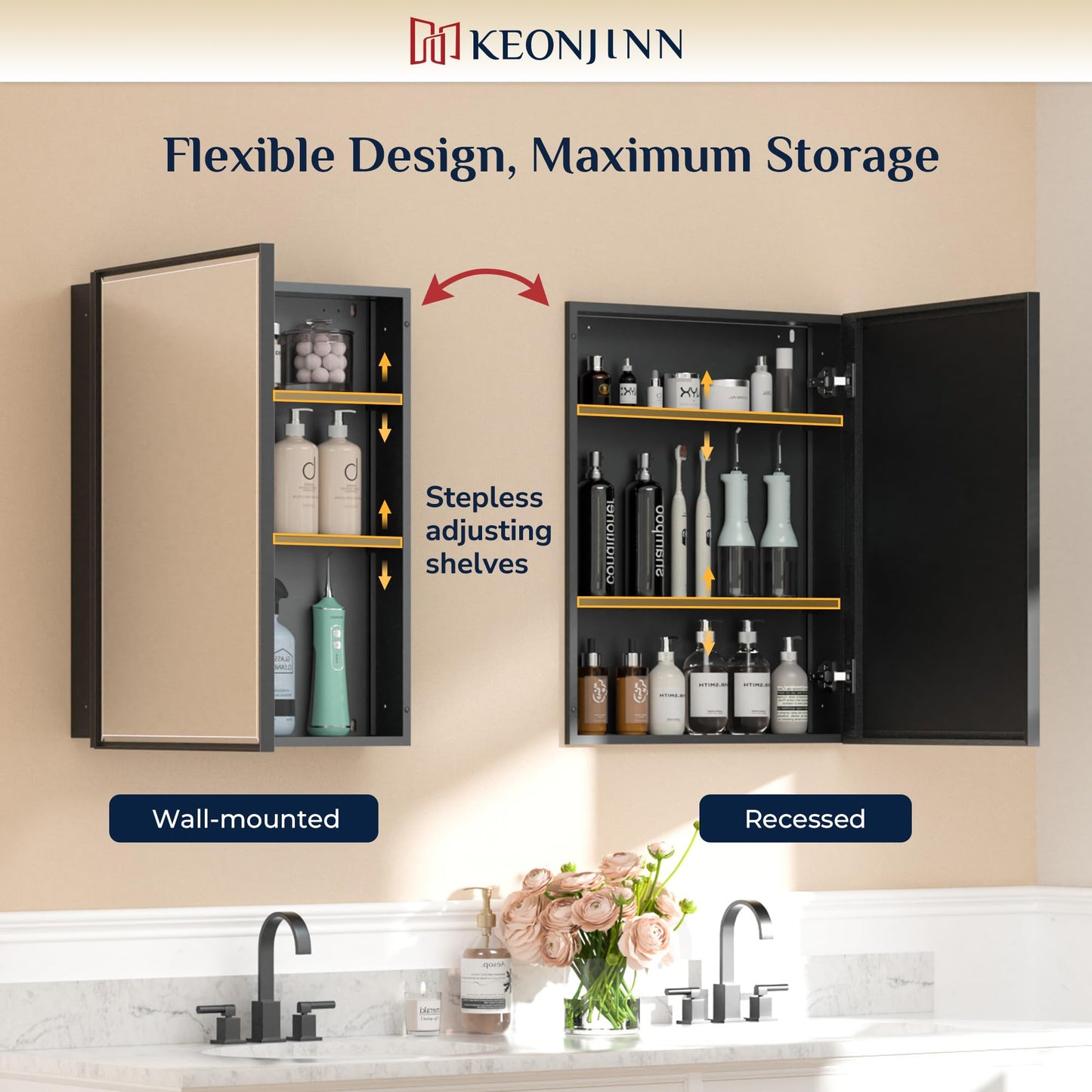 Keonjinn 24" x 30" Black Bathroom Medicine Cabinets with Mirror, Fully Assembled, Large Mirrored Medicine Cabinet Recessed or Surface Wall-Mounted, Aluminum Metal Framed, Farmhouse Cabinet Mirror