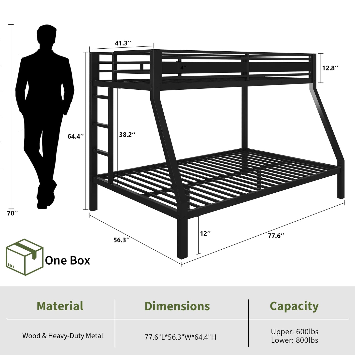 iPormis Heavy Duty Twin Over Full Bunk Beds, Metal Twin Bunk Bed Frame with 12.8" Guardrails, Loft Bed Frame for Kids and Teens, Reversible Ladder, Under Bed Storage Space, No Box Spring Needed, Black