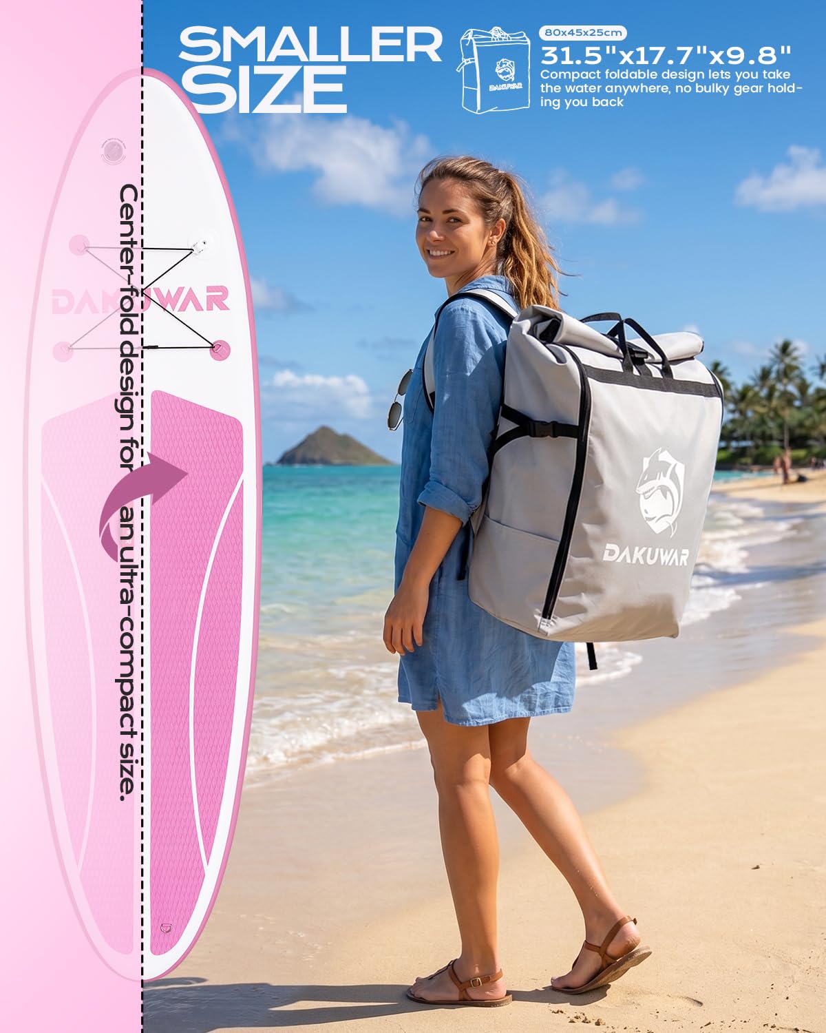 DAKUWAR Inflatable Paddle Board 10'x31.5''x6'' Folding Stand up Paddle Boards with SUP Accessories Valve Adaptor/2 fins/SUP Backpack/Ankle Leash/Repair Kit (Pink and White)