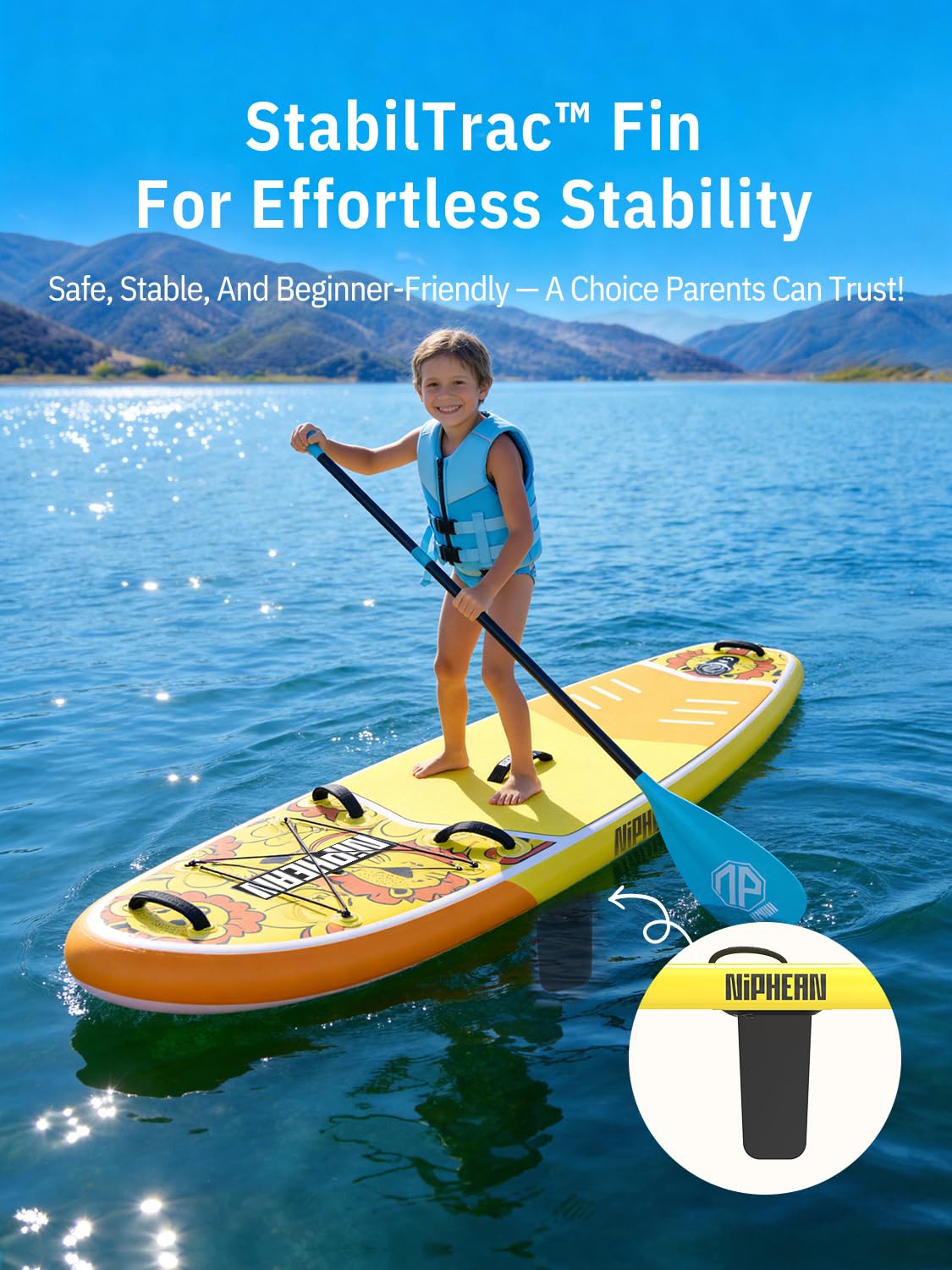 Niphean（Ultra-Light） Inflatable Paddle Board with StabilTrac Fin and Durable SUP Accessories, 10' Stand Up Paddle Boards for Adults & Youth, Versatile Yoga Paddle Board, Gift Ideas-Sunny Lion - Kids