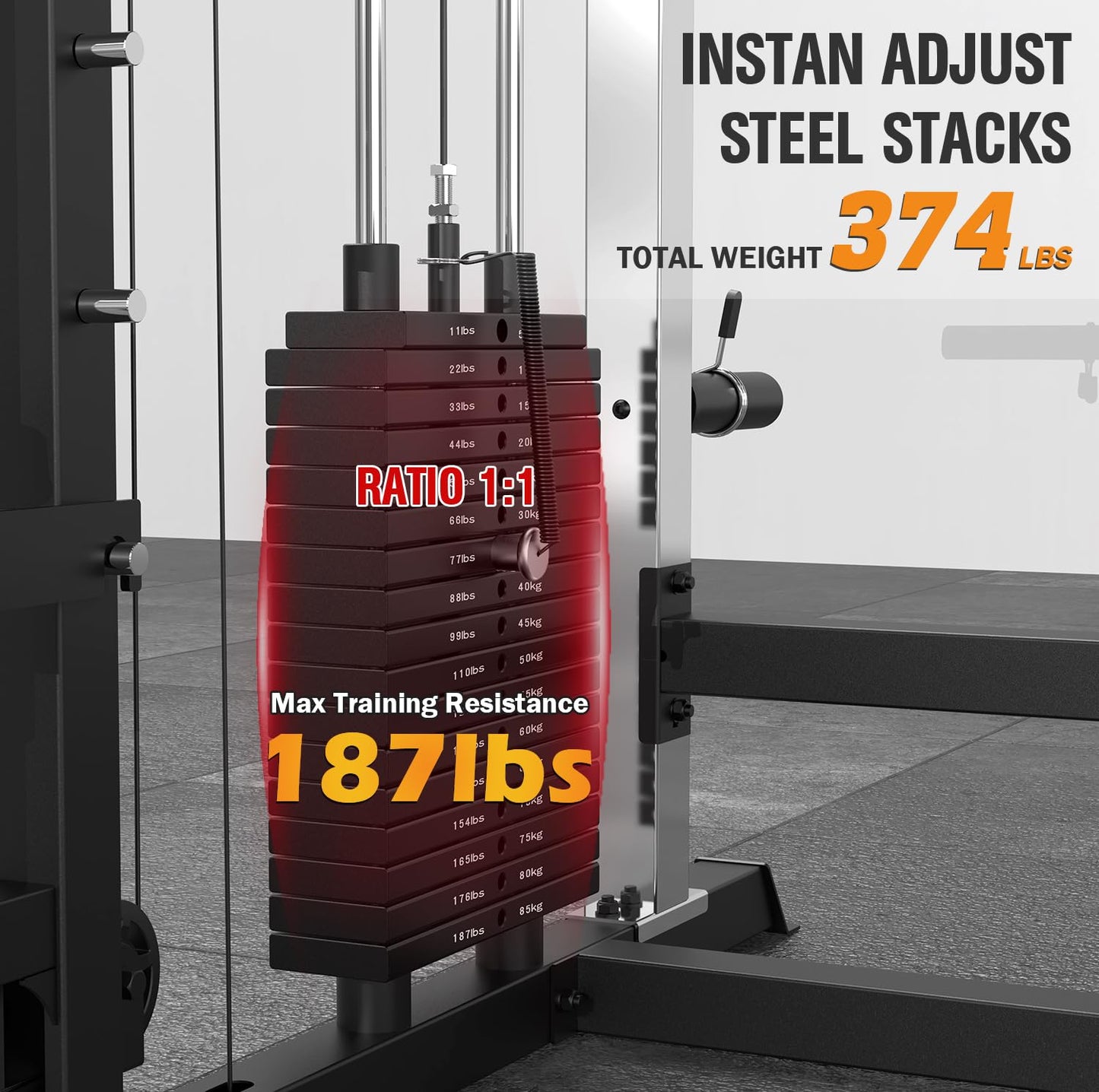 DONOW Smith Machine with Weight Stacks, Heavy Duty Home Gym System Power Cage Cable Crossover Machine Multi-Functional Trainer Ratio 1:1 (AS1 Steel Stacks 374lbs)