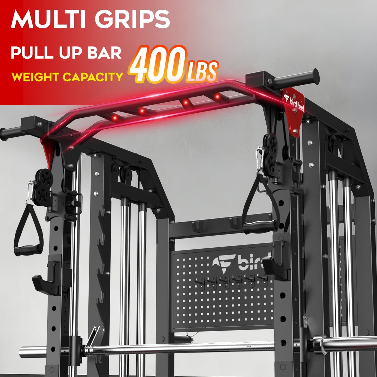 Birdfeel Multi-Function 2000LB Smith Machine Power Cage, Home Gym Squat Rack Featuring LAT Pulldown, Dual Pulley Cable Crossover, Gym-Quality Power Rack with Strength Training Attachments, Pegboard