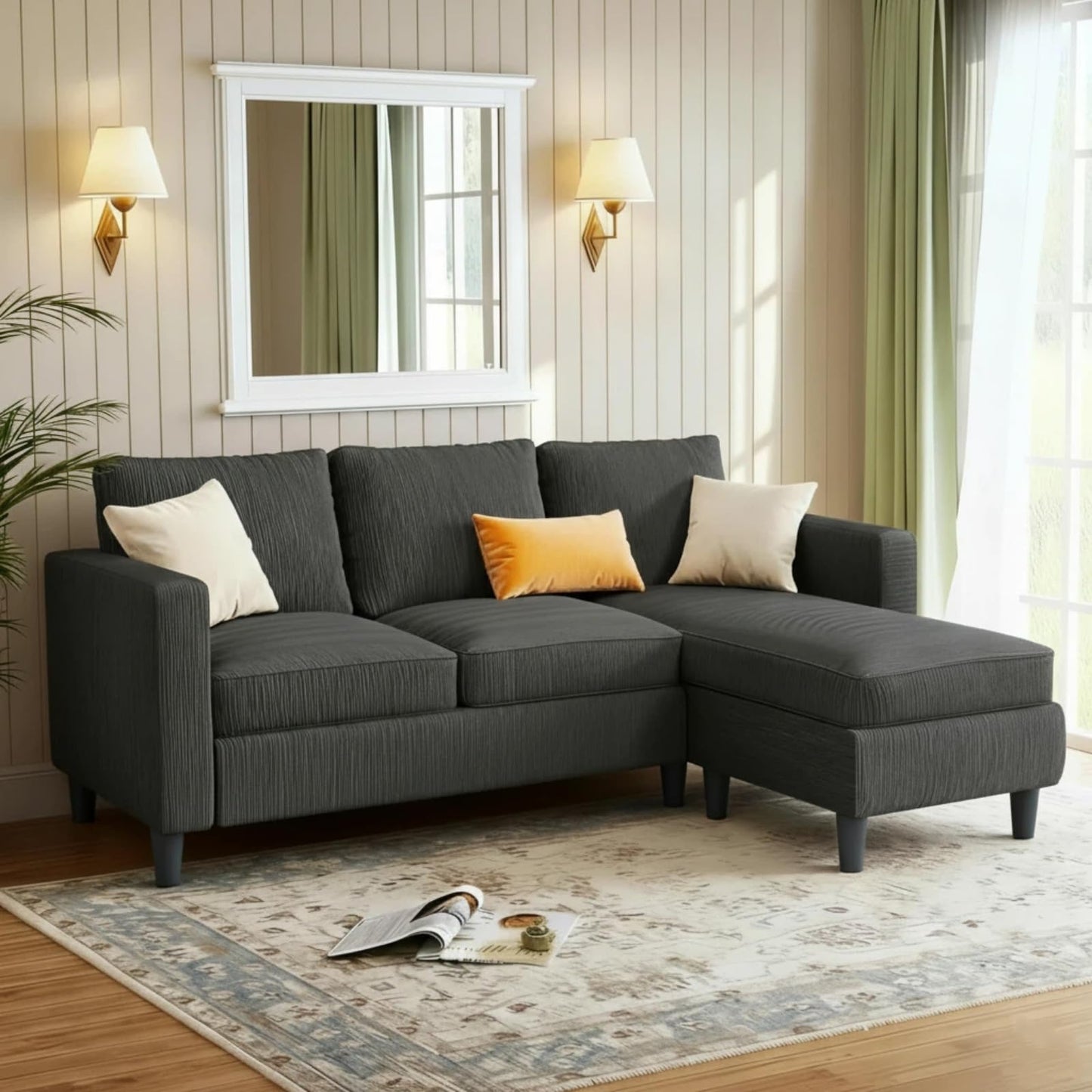 JAMFLY Couches for Living Room, 3-Seat Reversible Sectional Sofa with Convertible Ottoman, Modern Ribbed Fabric L-Shaped Couch for Small Apartment, Studio & Office, Easy Assembly, Grey