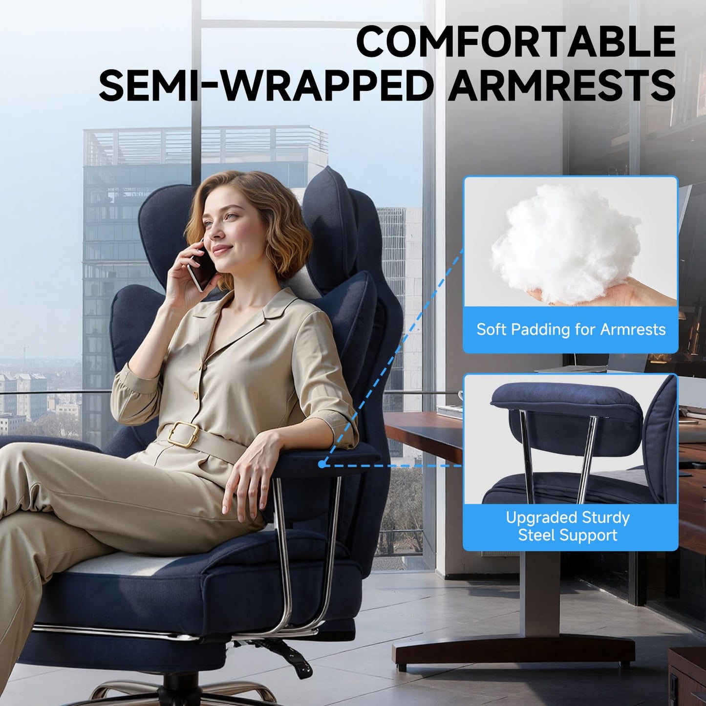 GTPLAYER Gaming Chair,Office Chair with Pocket Spring Lumbar Support, Ergonomic Comfortable Wide Office Desk Computer Chair with Outward Fixed Soft Armrests and Footrest (Fabric, Dark Blue & White)