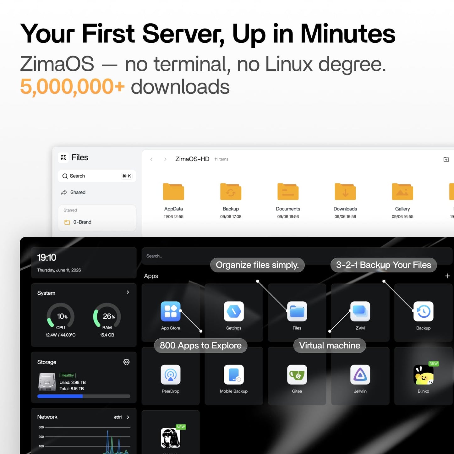 ZimaBoard 2 1664 x86 Home Server, Quad-Core N150, 16GB DDR5, 64GB eMMC, PCIe 3.0×4 Expansion, Dual 2.5GbE & Dual SATA3.0, Low-Power 24/7, All-in-One NAS/Router/Docker/Home Lab with ZimaOS