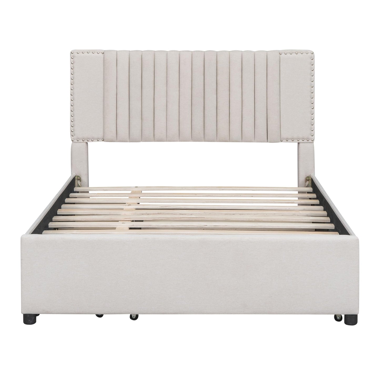 DNYN Full Size Upholstered Platform Bed with Trundle(Twin) & 2 Drawers for Kids Bedroom,Wooden Linen Fabric Bedframe w/Storage & Classic Heardboard,No Box Spring Needed, Beige
